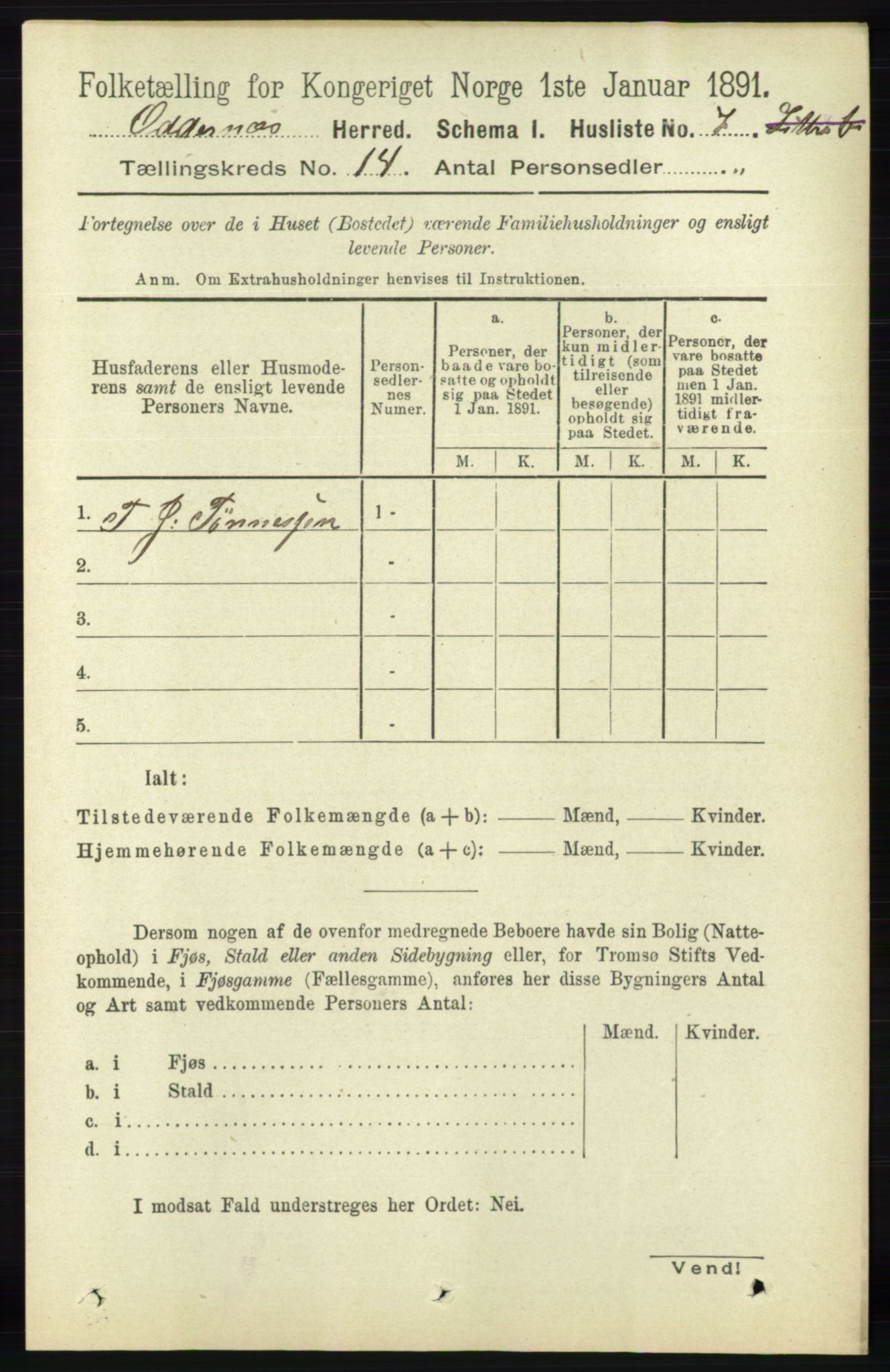 RA, 1891 census for 1012 Oddernes, 1891, p. 4845