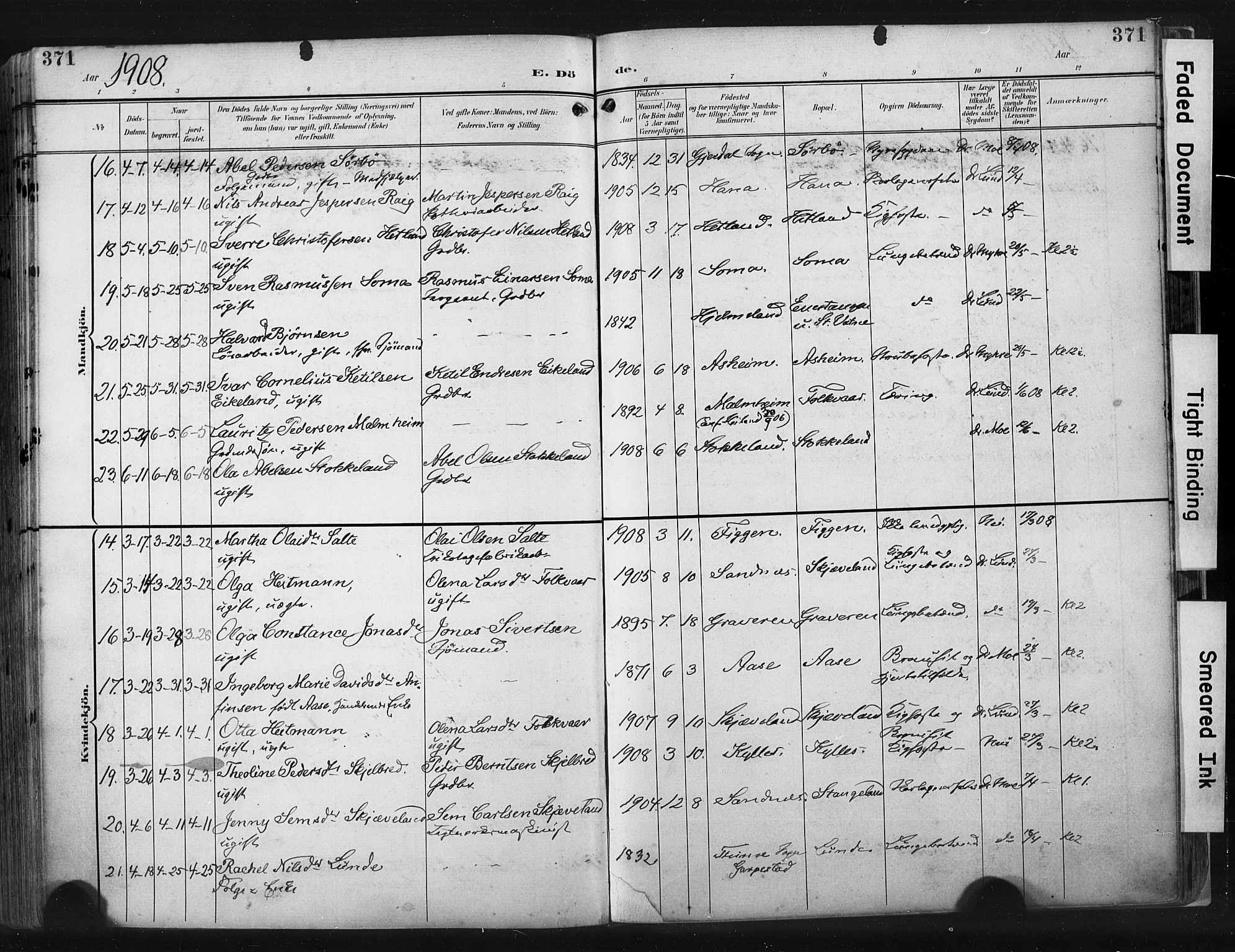 Høyland sokneprestkontor, AV/SAST-A-101799/001/30BA/L0015: Parish register (official) no. A 14, 1899-1911, p. 371
