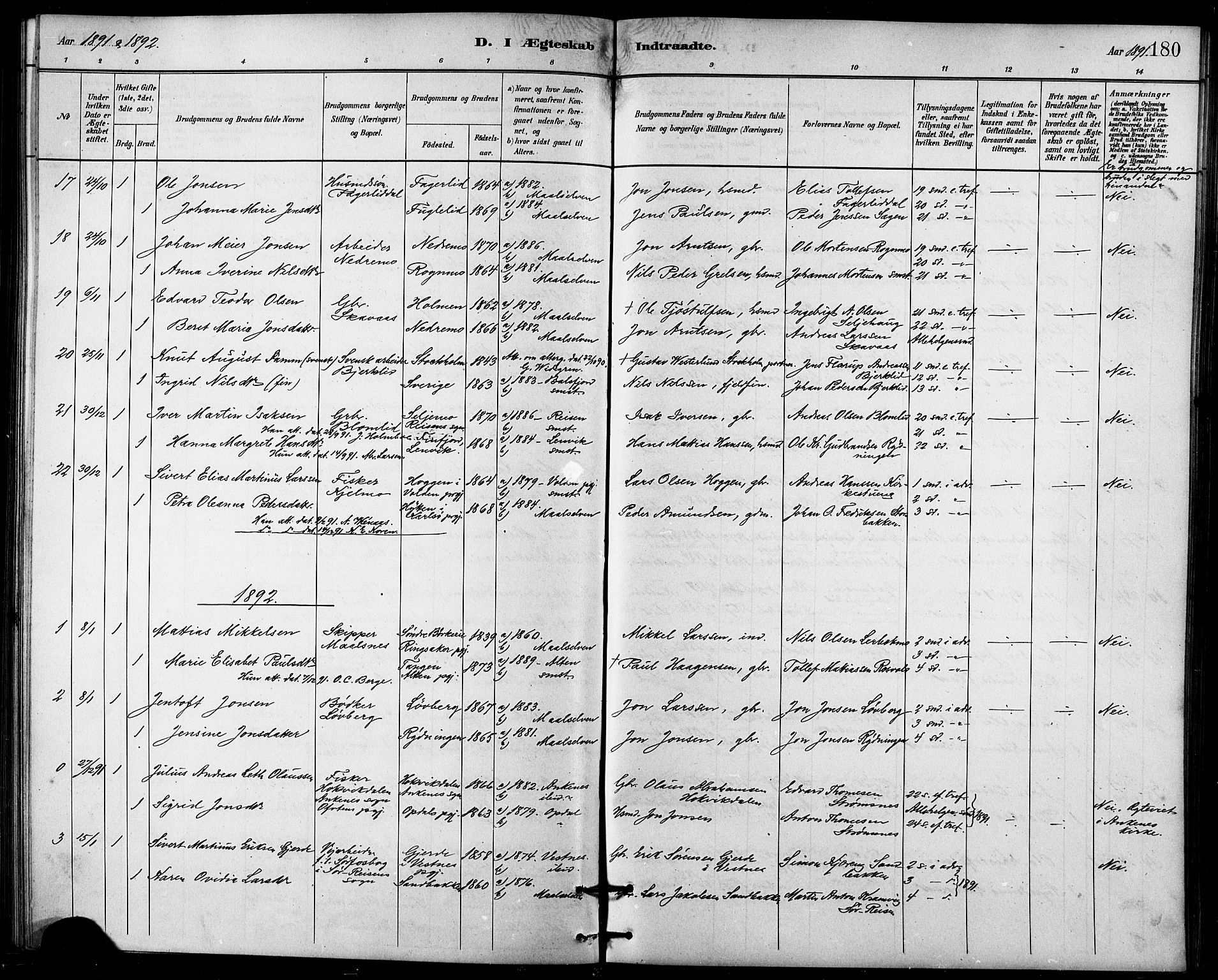 Målselv sokneprestembete, AV/SATØ-S-1311/G/Ga/Gab/L0004klokker: Parish register (copy) no. 4, 1885-1901, p. 180