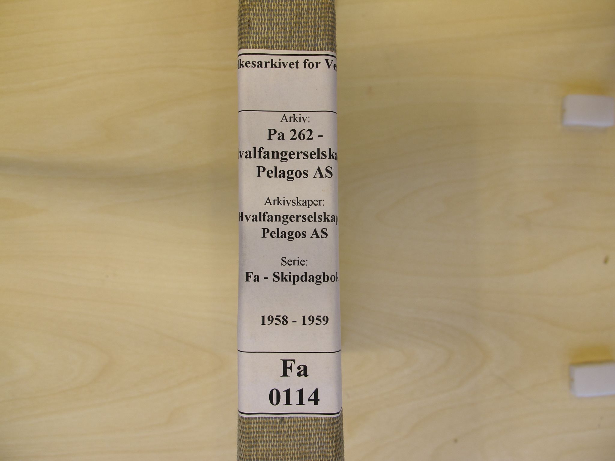 Pa 262 - Hvalfangerselskapet Pelagos AS, VEMU/A-1330/F/Fa/L0114: Pelagos, fl.k.  - dekksdagbok, 1958-1959