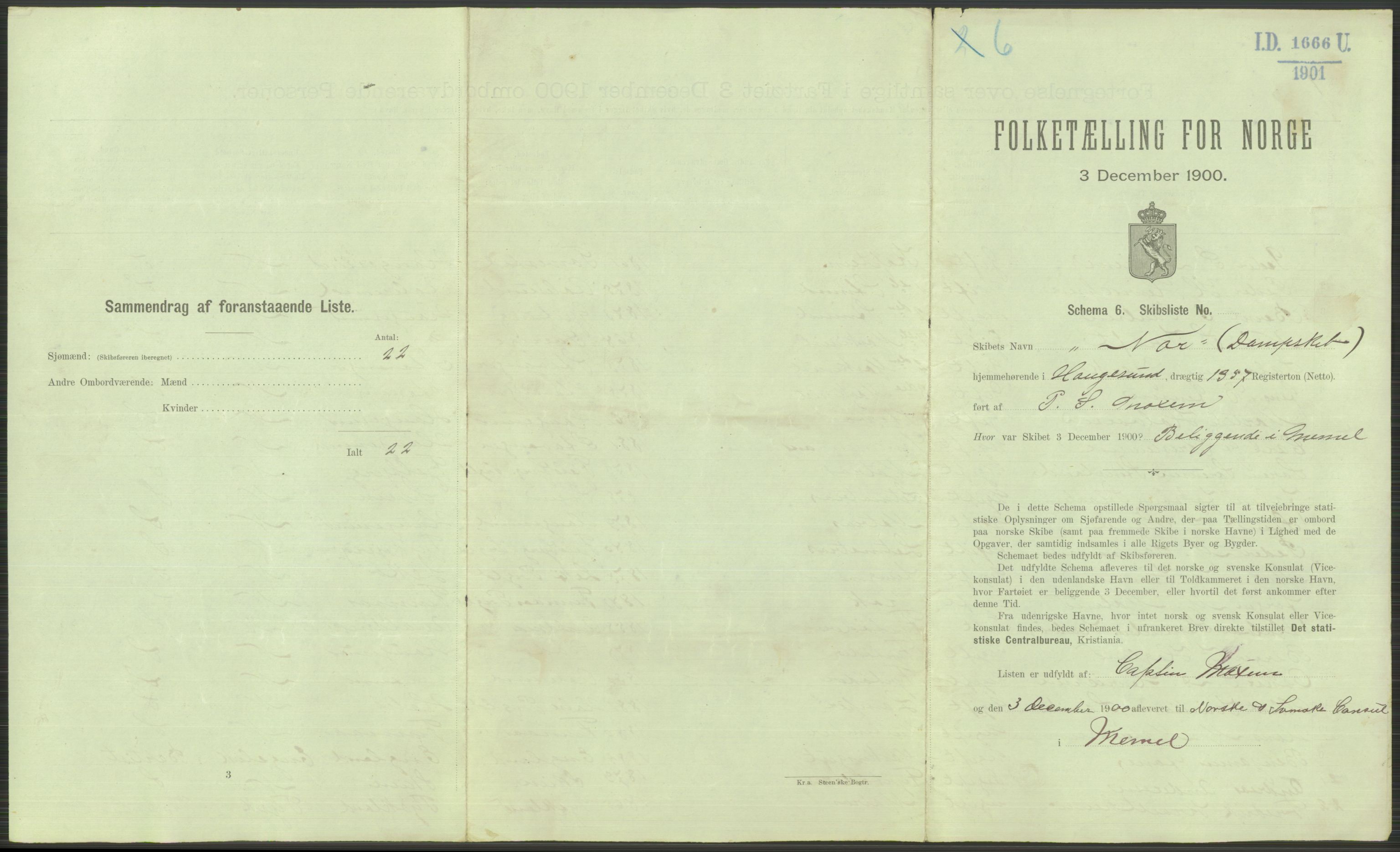 RA, 1900 Census - ship lists from ships in Norwegian harbours, harbours abroad and at sea, 1900, p. 3687