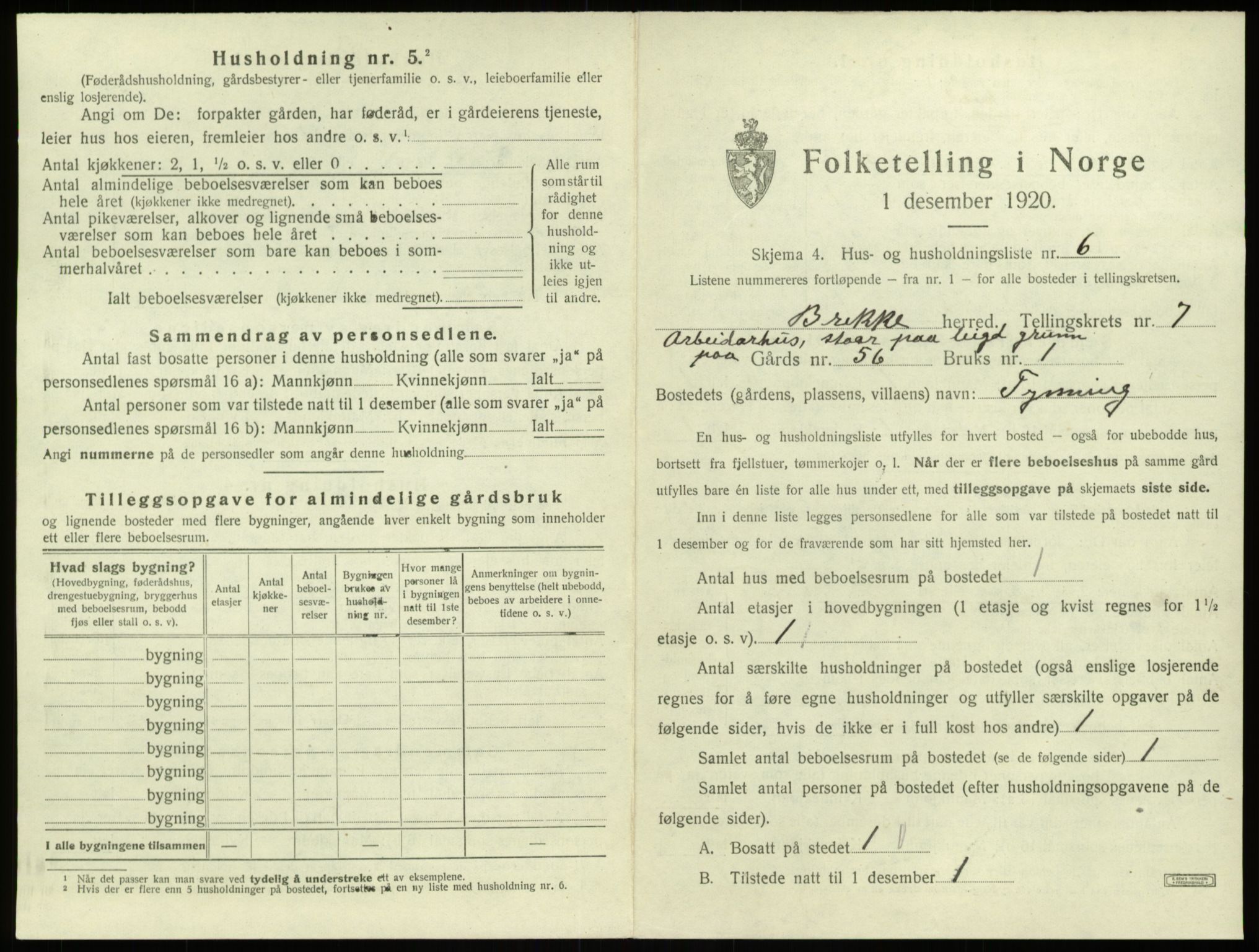 SAB, 1920 census for Brekke, 1920, p. 209