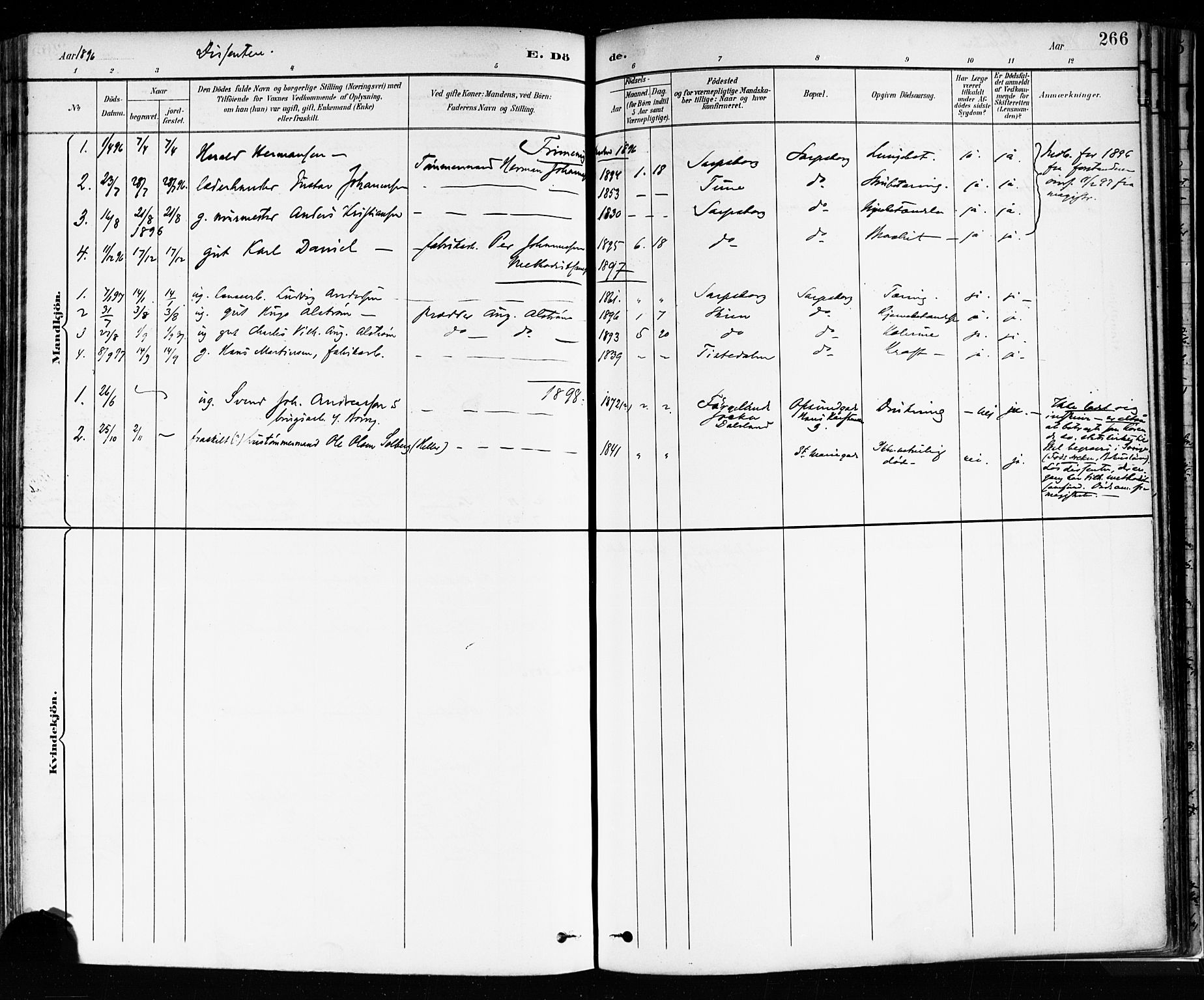 Sarpsborg prestekontor Kirkebøker, AV/SAO-A-2006/F/Fa/L0004: Parish register (official) no. 4, 1892-1899, p. 266