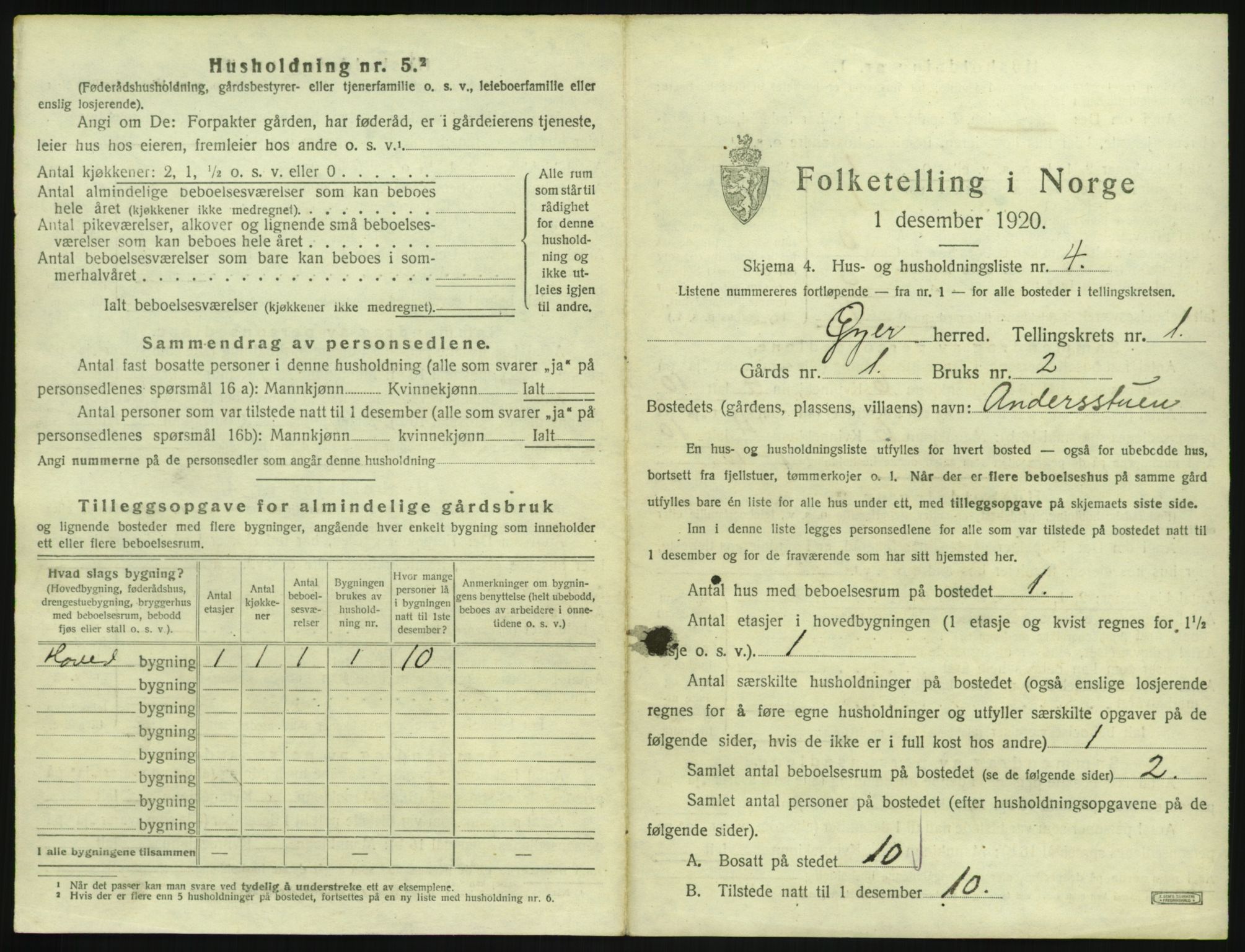 SAH, 1920 census for Øyer, 1920, p. 43