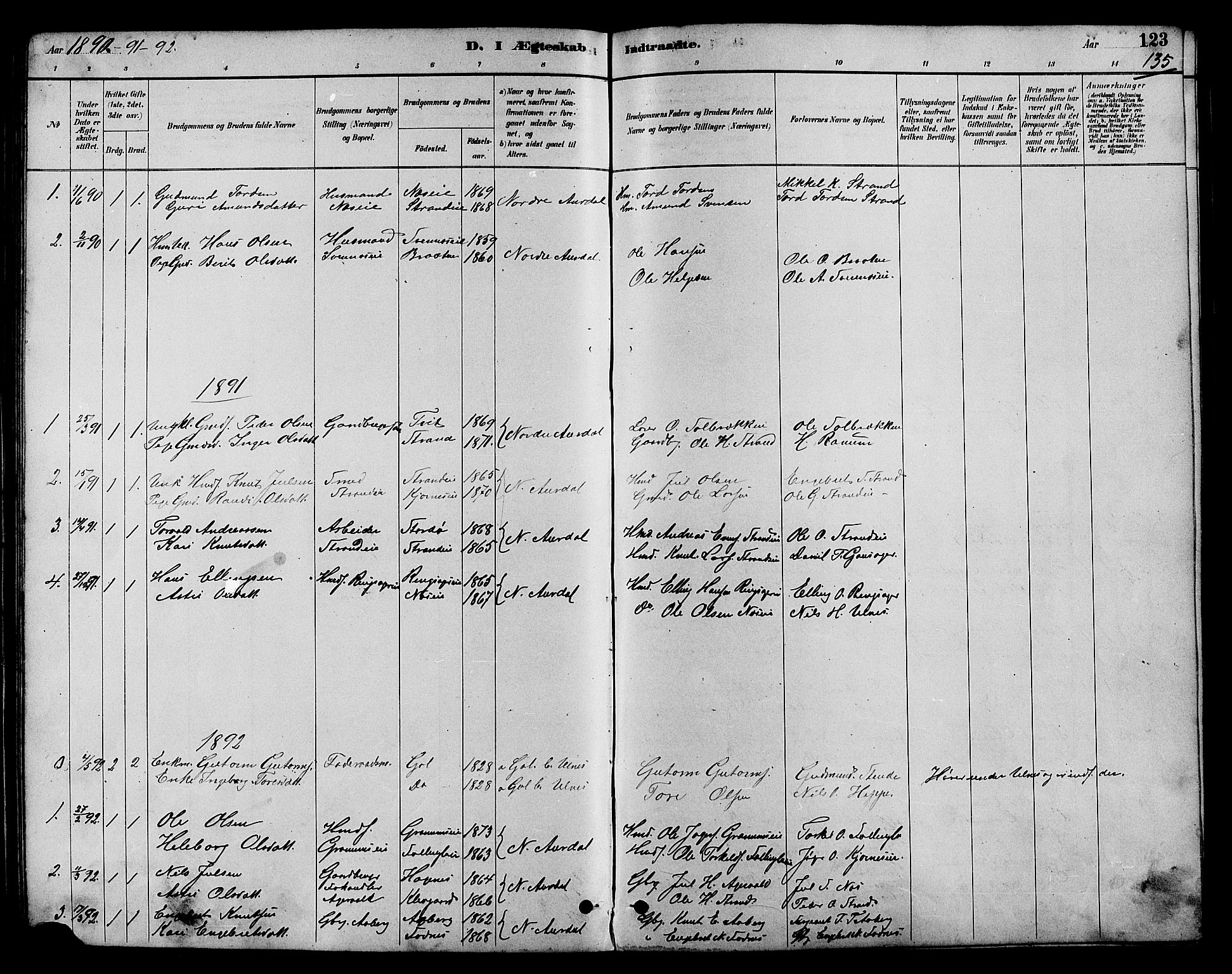 Nord-Aurdal prestekontor, SAH/PREST-132/H/Ha/Hab/L0007: Parish register (copy) no. 7, 1883-1910, p. 135