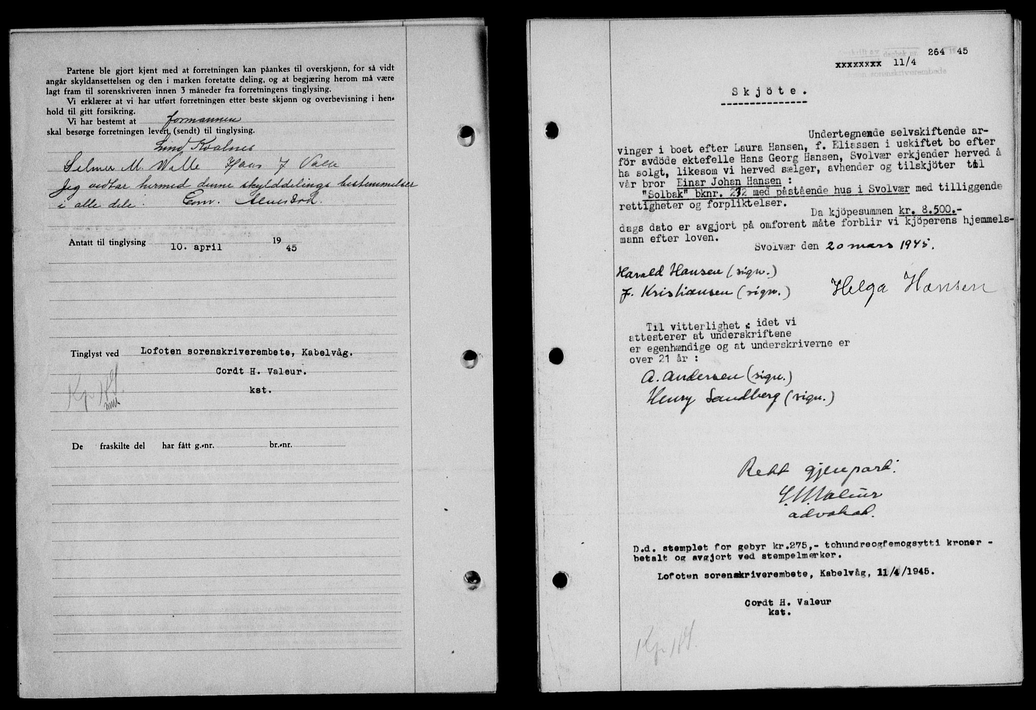 Lofoten sorenskriveri, SAT/A-0017/1/2/2C/L0013a: Mortgage book no. 13a, 1944-1946, Diary no: : 264/1945