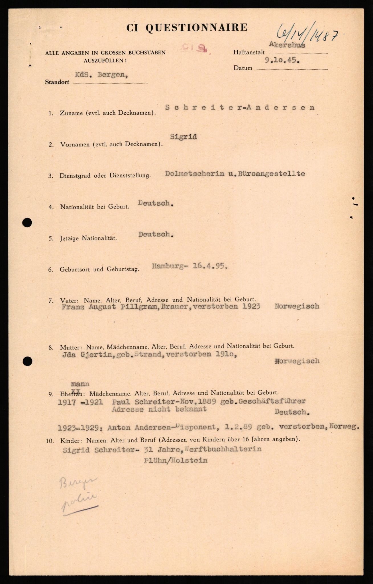 Forsvaret, Forsvarets overkommando II, AV/RA-RAFA-3915/D/Db/L0030: CI Questionaires. Tyske okkupasjonsstyrker i Norge. Tyskere., 1945-1946, p. 254