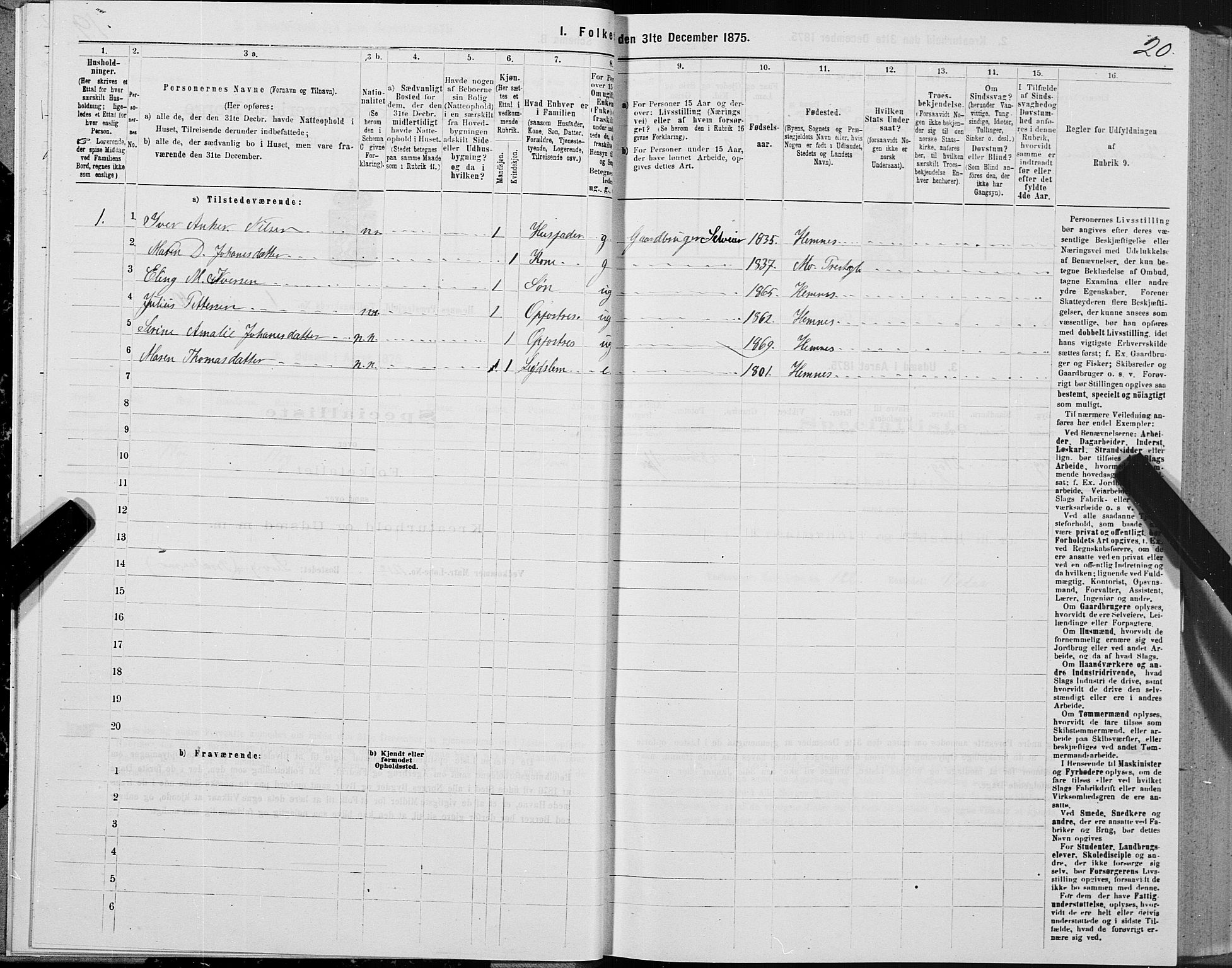 SAT, 1875 census for 1832P Hemnes, 1875, p. 1020