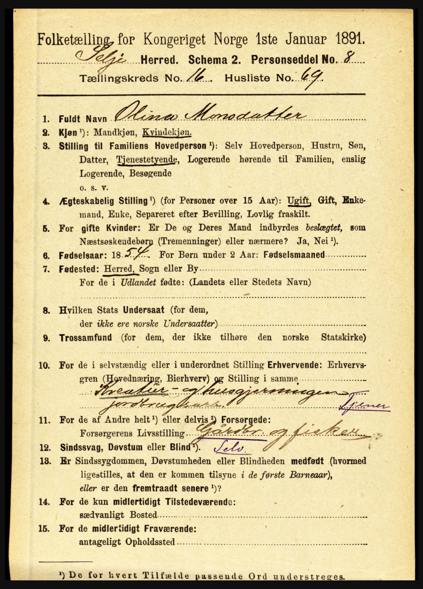 RA, 1891 census for 1441 Selje, 1891, p. 5527