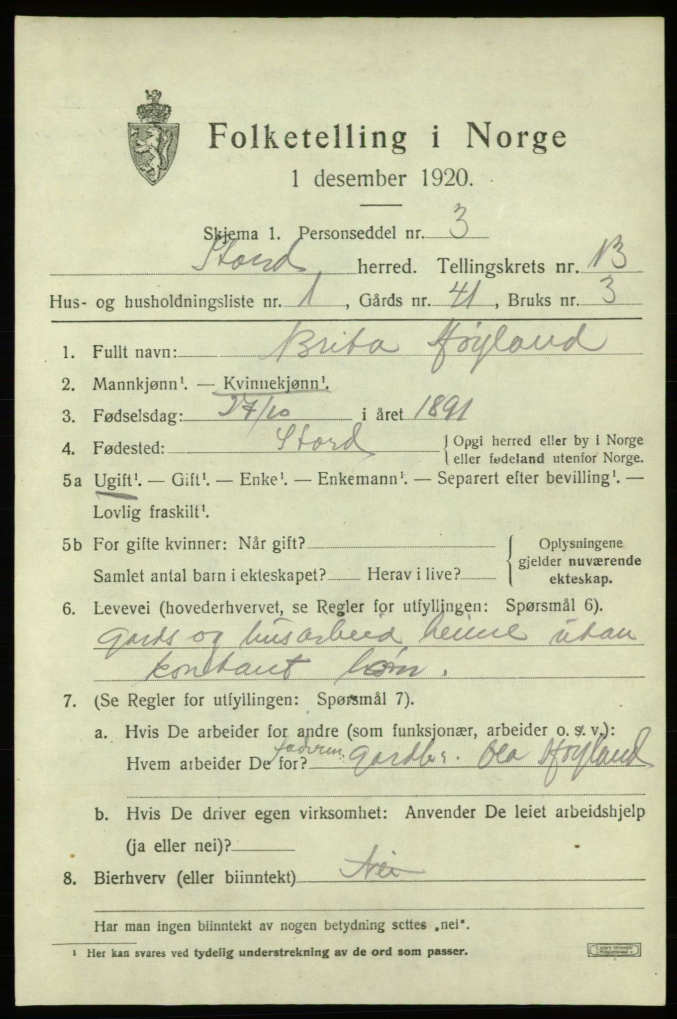 SAB, 1920 census for Stord, 1920, p. 7385