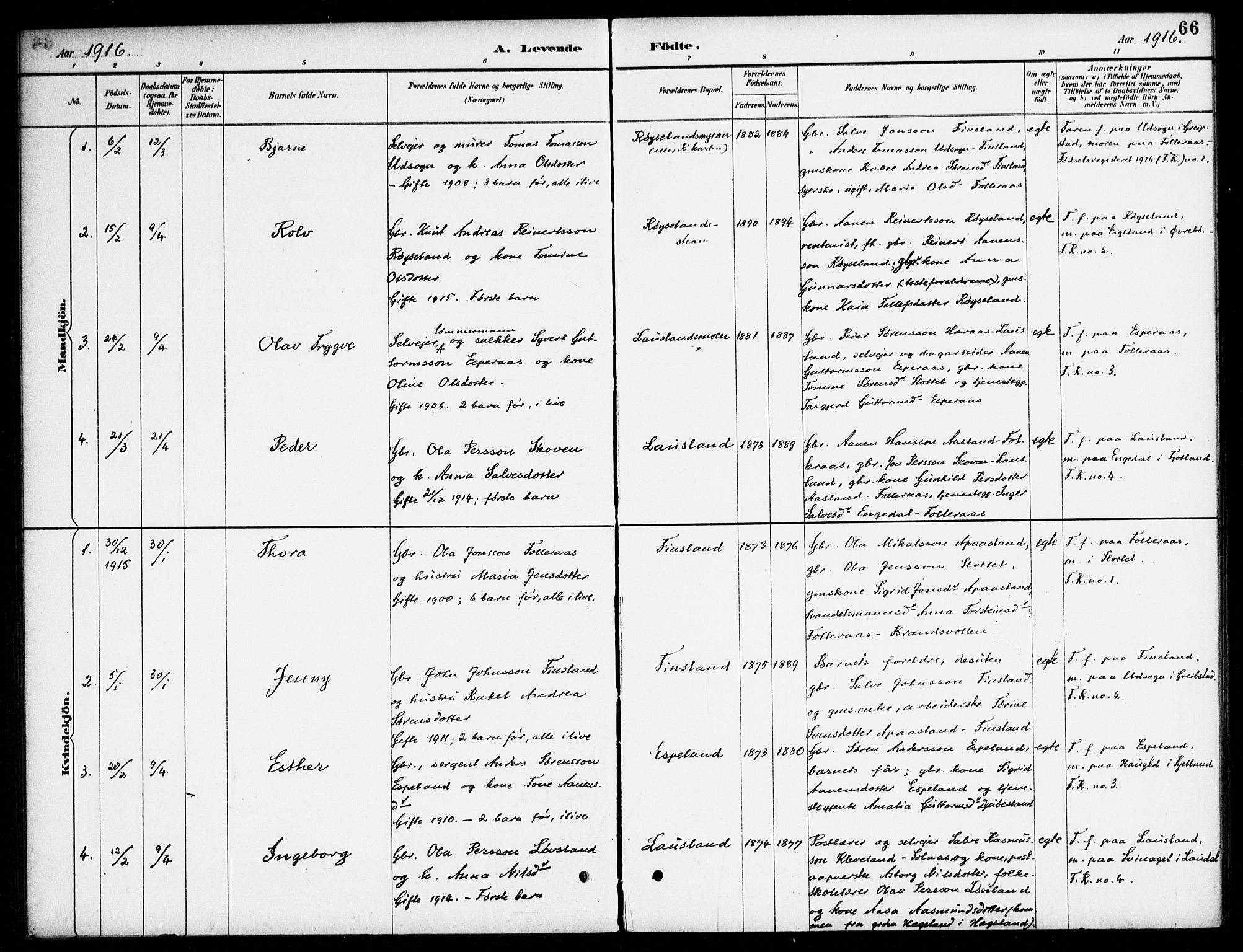 Bjelland sokneprestkontor, AV/SAK-1111-0005/F/Fa/Fab/L0004: Parish register (official) no. A 4, 1887-1920, p. 66