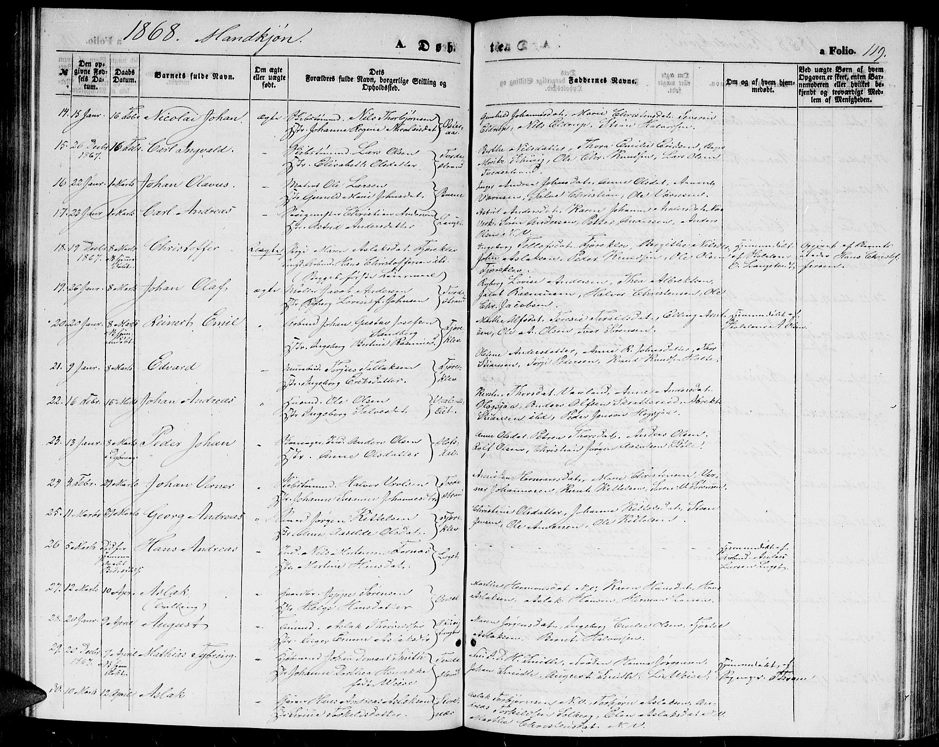 Holt sokneprestkontor, AV/SAK-1111-0021/F/Fb/L0008: Parish register (copy) no. B 8, 1858-1871, p. 119