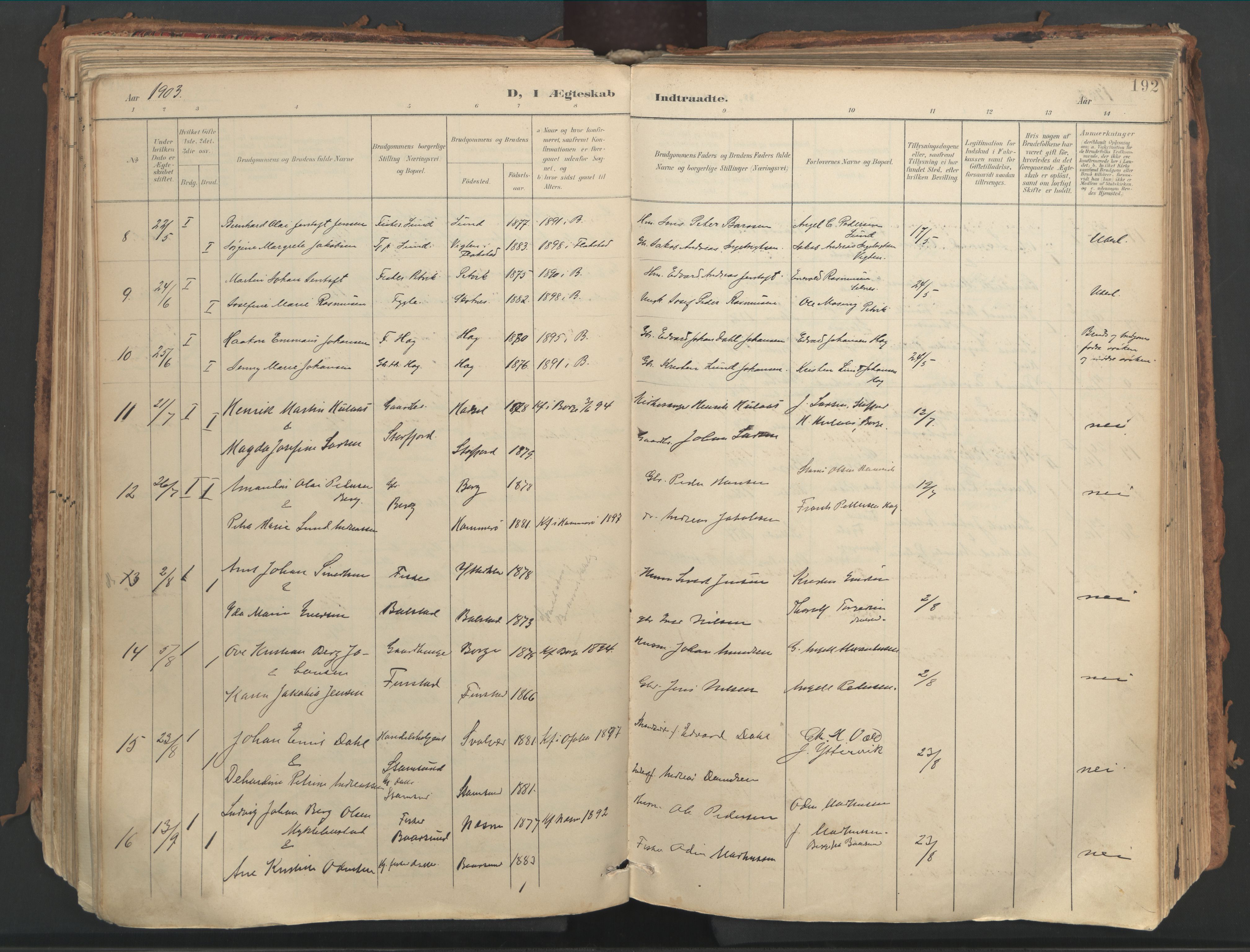 Ministerialprotokoller, klokkerbøker og fødselsregistre - Nordland, AV/SAT-A-1459/882/L1180: Parish register (official) no. 882A02, 1897-1913, p. 192