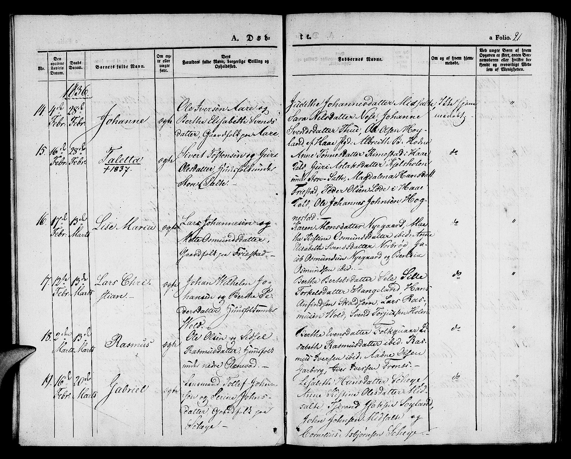 Klepp sokneprestkontor, AV/SAST-A-101803/001/3/30BA/L0003: Parish register (official) no. A 3, 1833-1842, p. 21