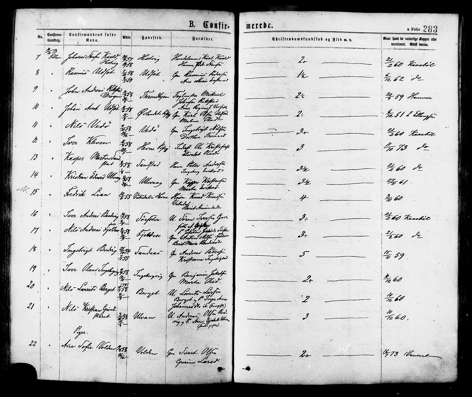 Ministerialprotokoller, klokkerbøker og fødselsregistre - Sør-Trøndelag, AV/SAT-A-1456/634/L0532: Parish register (official) no. 634A08, 1871-1881, p. 283