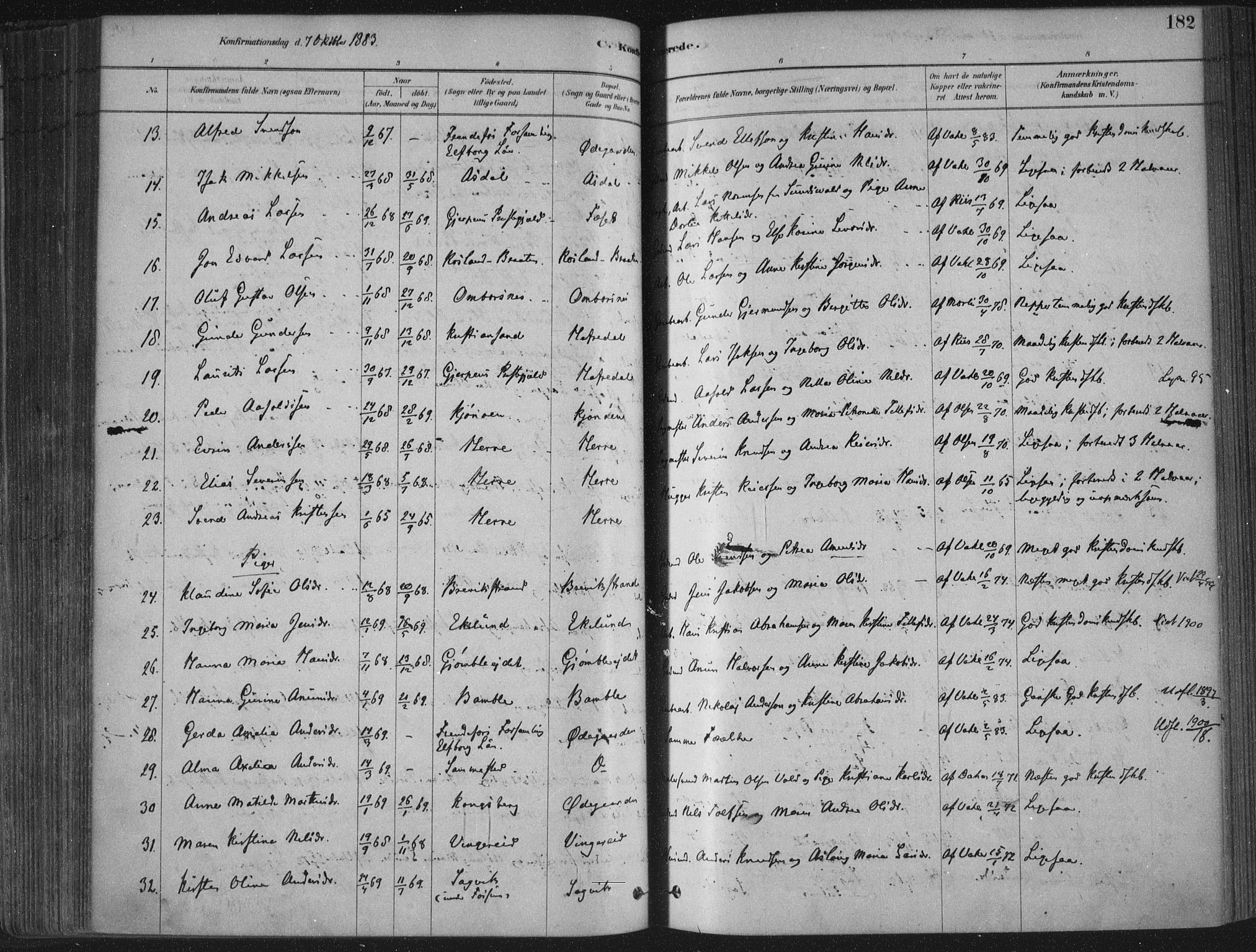 Bamble kirkebøker, SAKO/A-253/F/Fa/L0007: Parish register (official) no. I 7, 1878-1888, p. 182