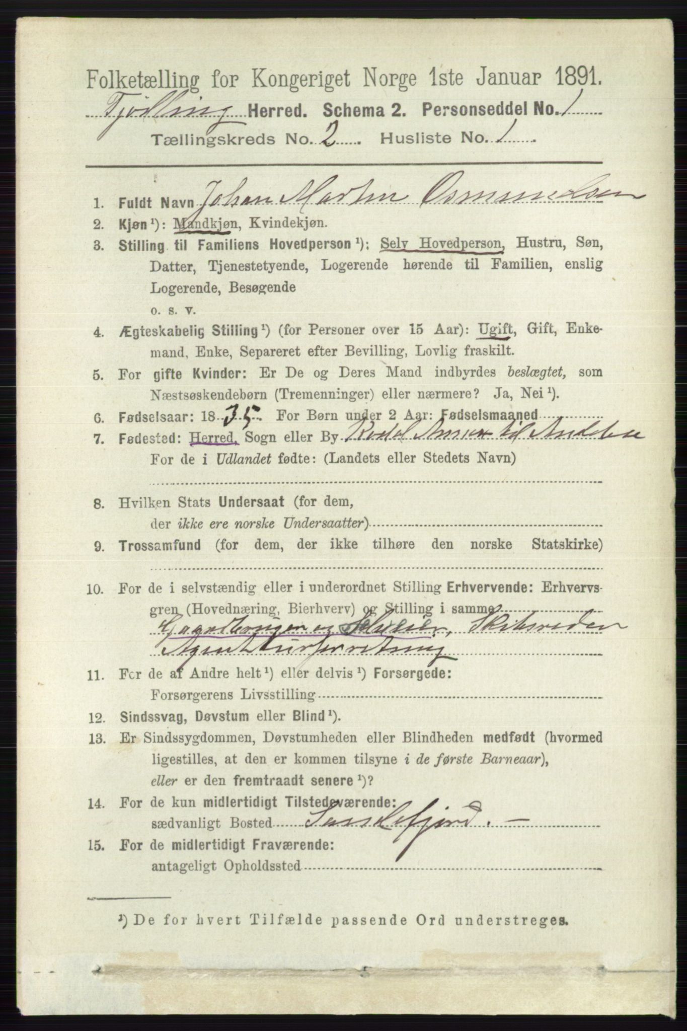 RA, 1891 census for 0725 Tjølling, 1891, p. 500