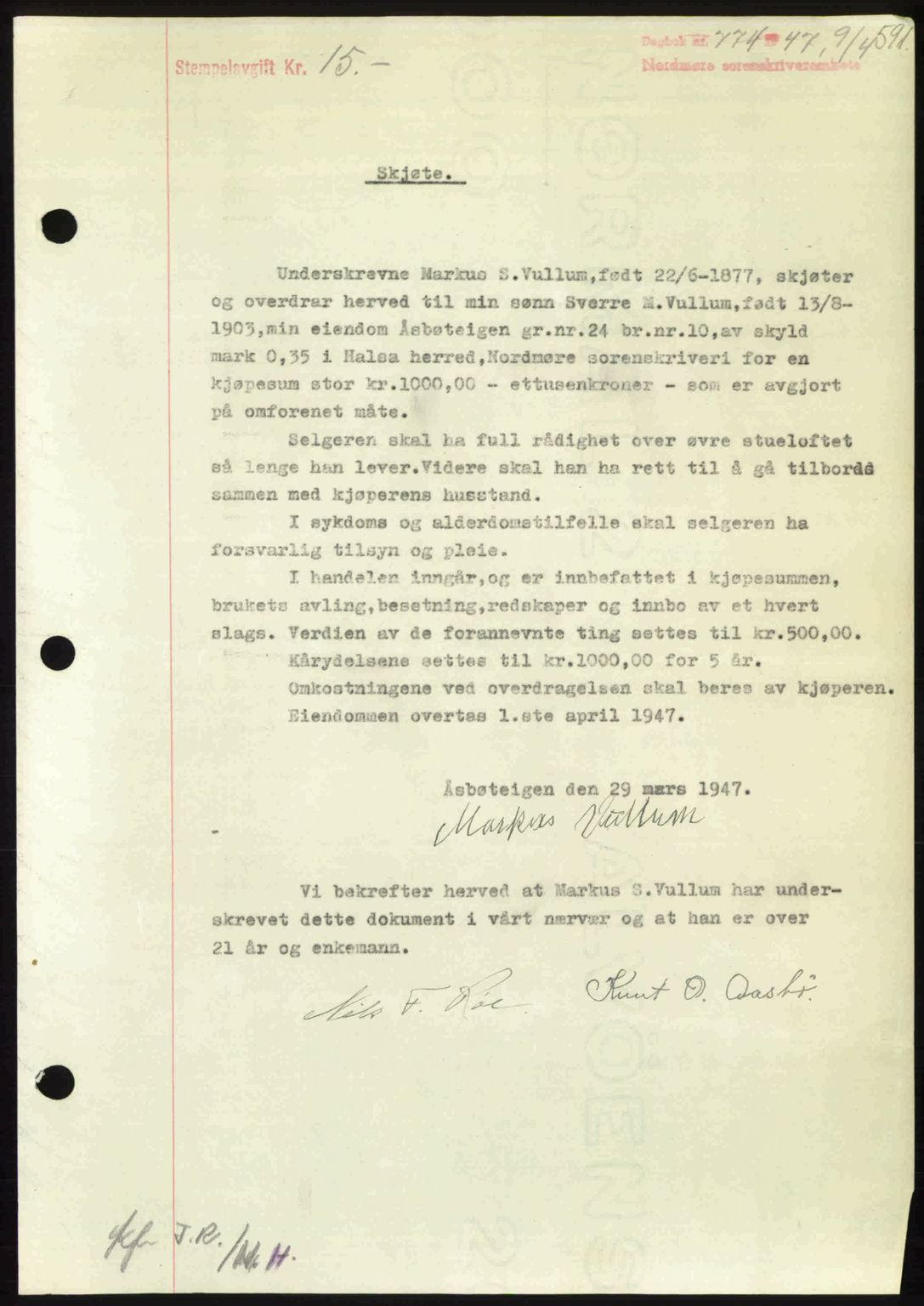 Nordmøre sorenskriveri, AV/SAT-A-4132/1/2/2Ca: Mortgage book no. A104, 1947-1947, Diary no: : 774/1947