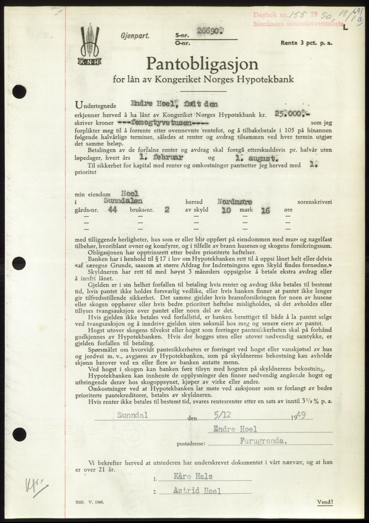 Nordmøre sorenskriveri, AV/SAT-A-4132/1/2/2Ca: Mortgage book no. B103, 1949-1950, Diary no: : 155/1950