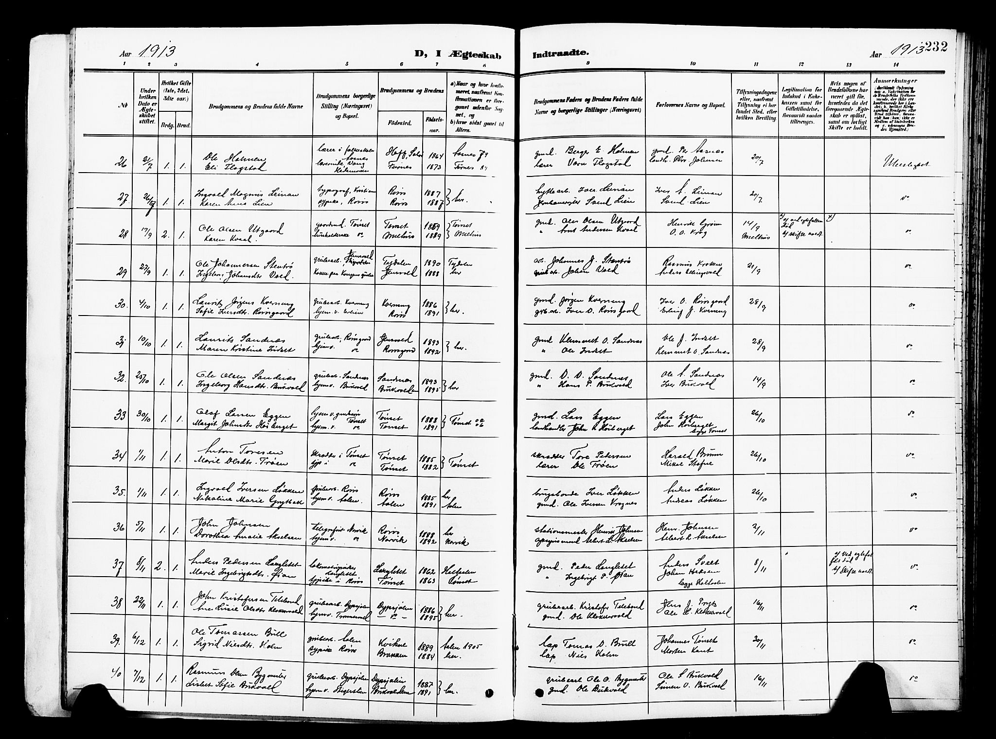 Ministerialprotokoller, klokkerbøker og fødselsregistre - Sør-Trøndelag, SAT/A-1456/681/L0942: Parish register (copy) no. 681C06, 1906-1925, p. 232