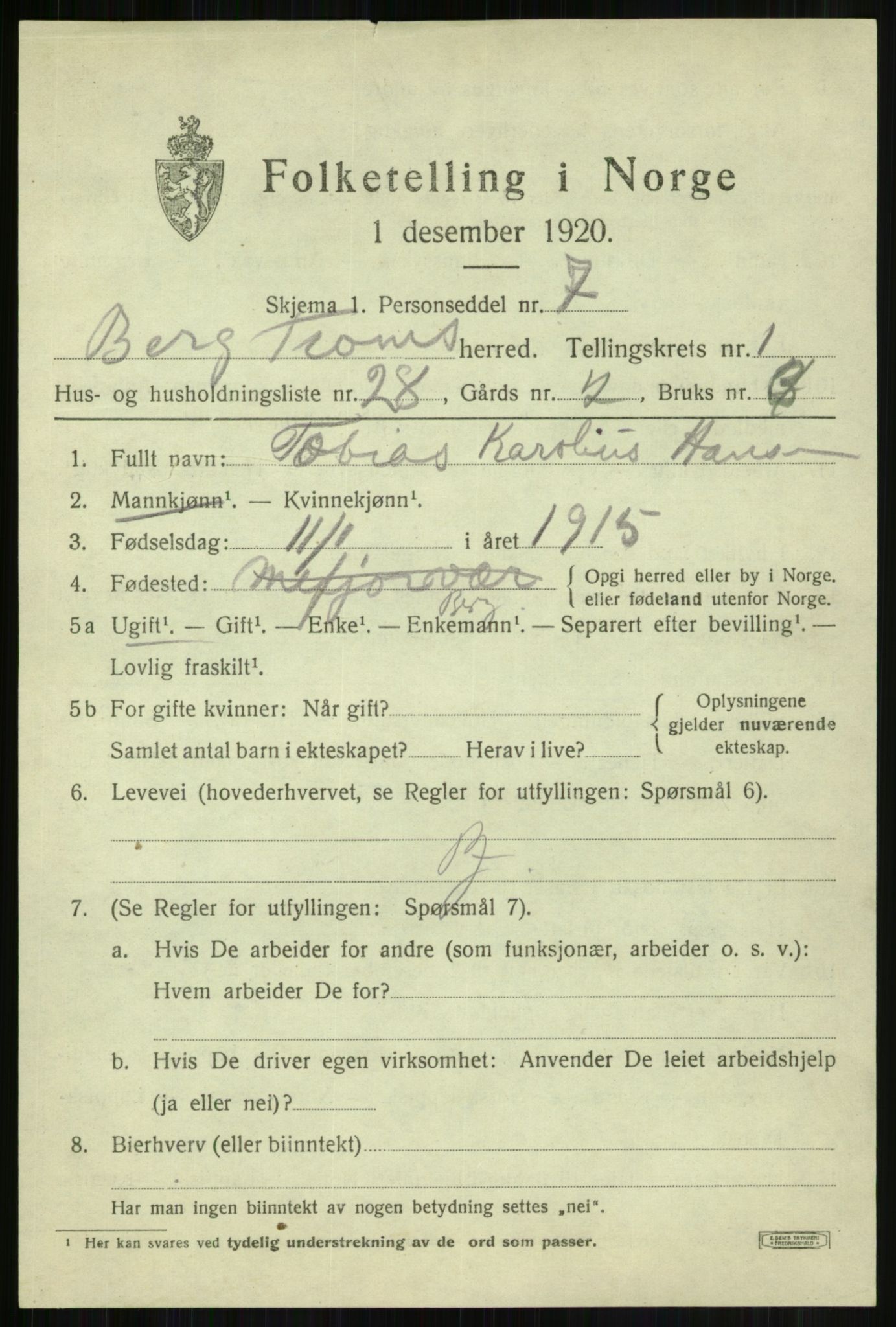 SATØ, 1920 census for Berg, 1920, p. 815