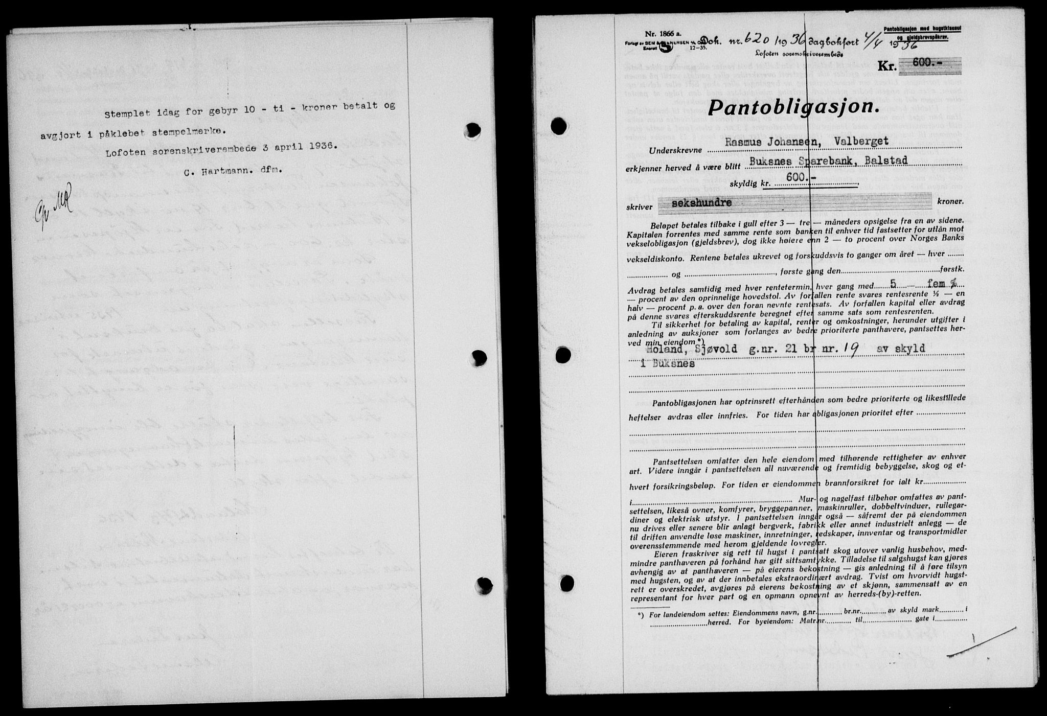 Lofoten sorenskriveri, SAT/A-0017/1/2/2C/L0033b: Mortgage book no. 33b, 1936-1936, Diary no: : 620/1936