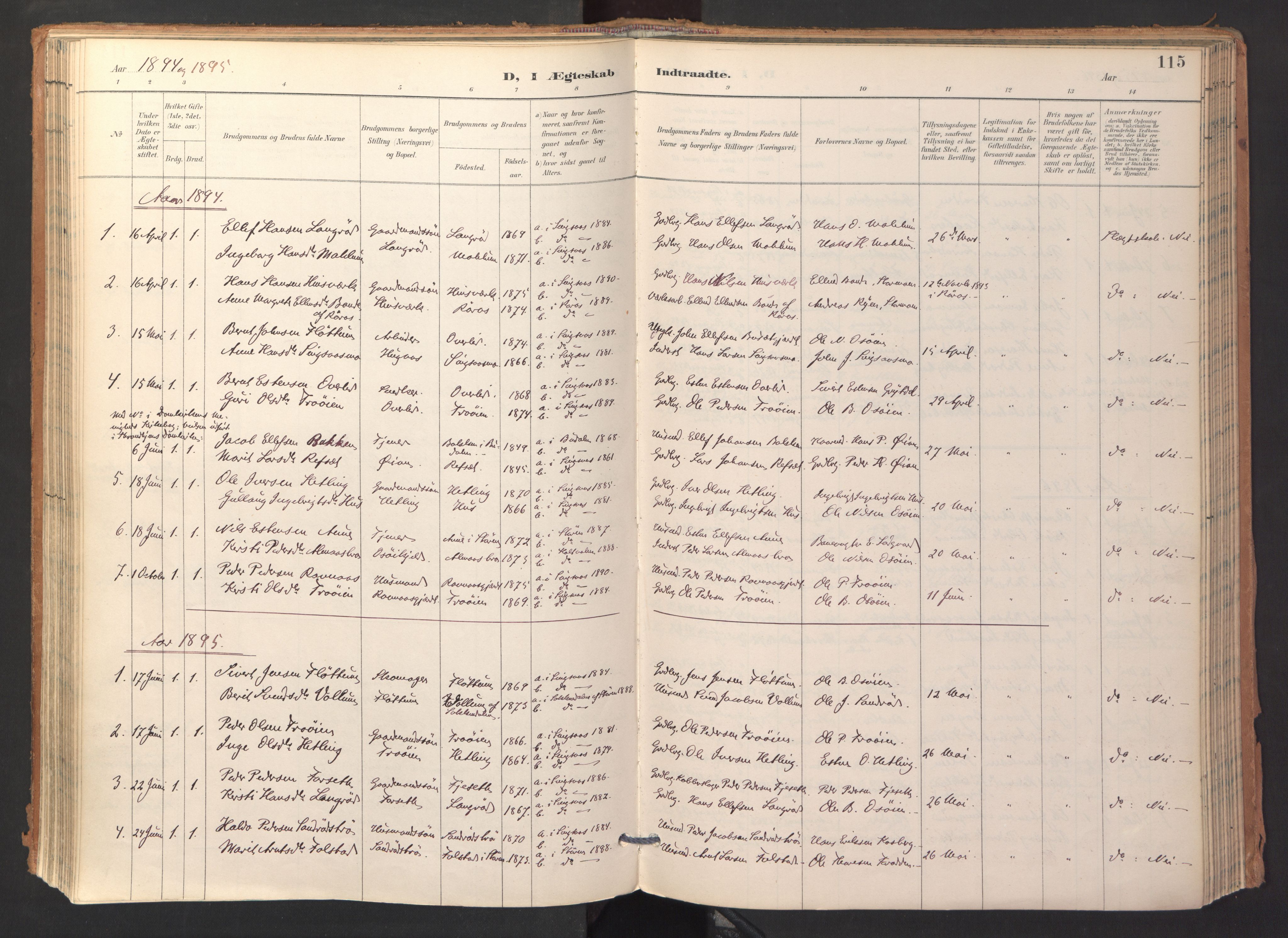 Ministerialprotokoller, klokkerbøker og fødselsregistre - Sør-Trøndelag, SAT/A-1456/688/L1025: Parish register (official) no. 688A02, 1891-1909, p. 115