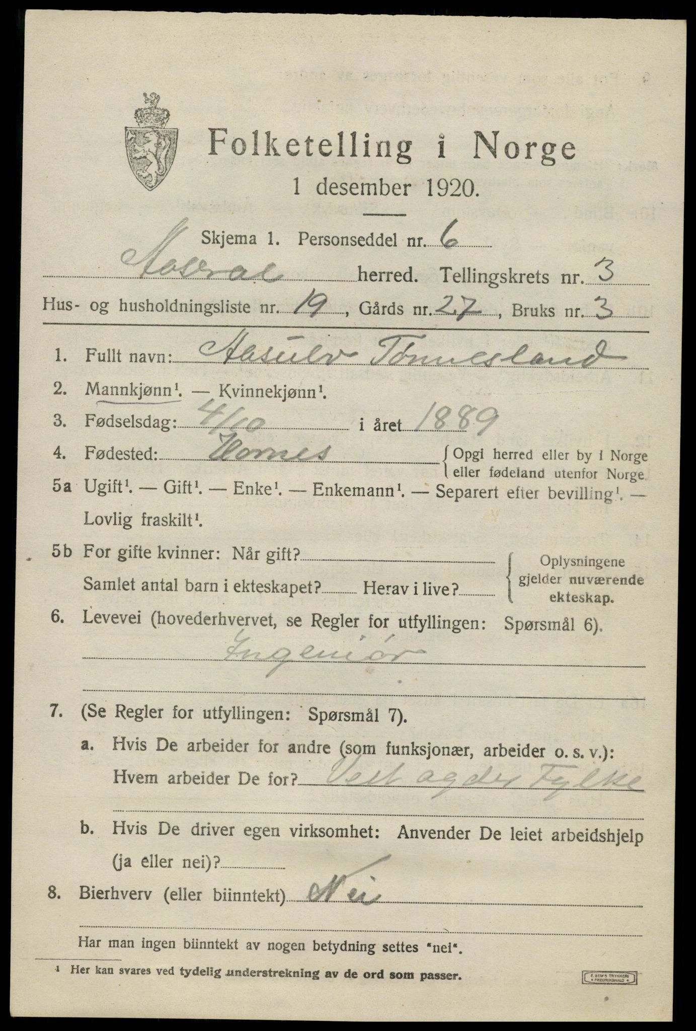 SAK, 1920 census for Åseral, 1920, p. 1182