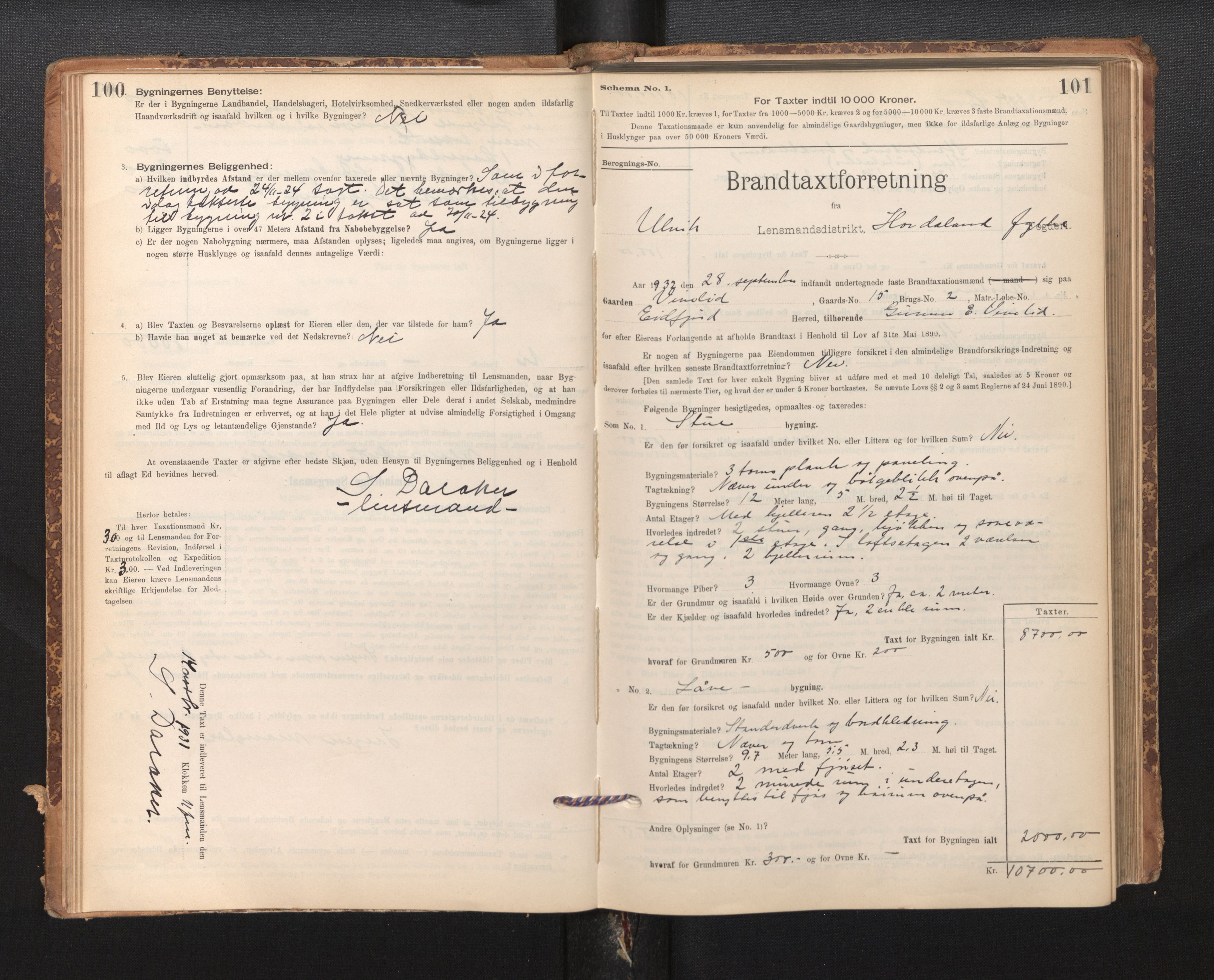 Lensmannen i Ulvik, SAB/A-35601/0012/L0003: Branntakstprotokoll, skjematakst, 1895-1946, p. 100-101