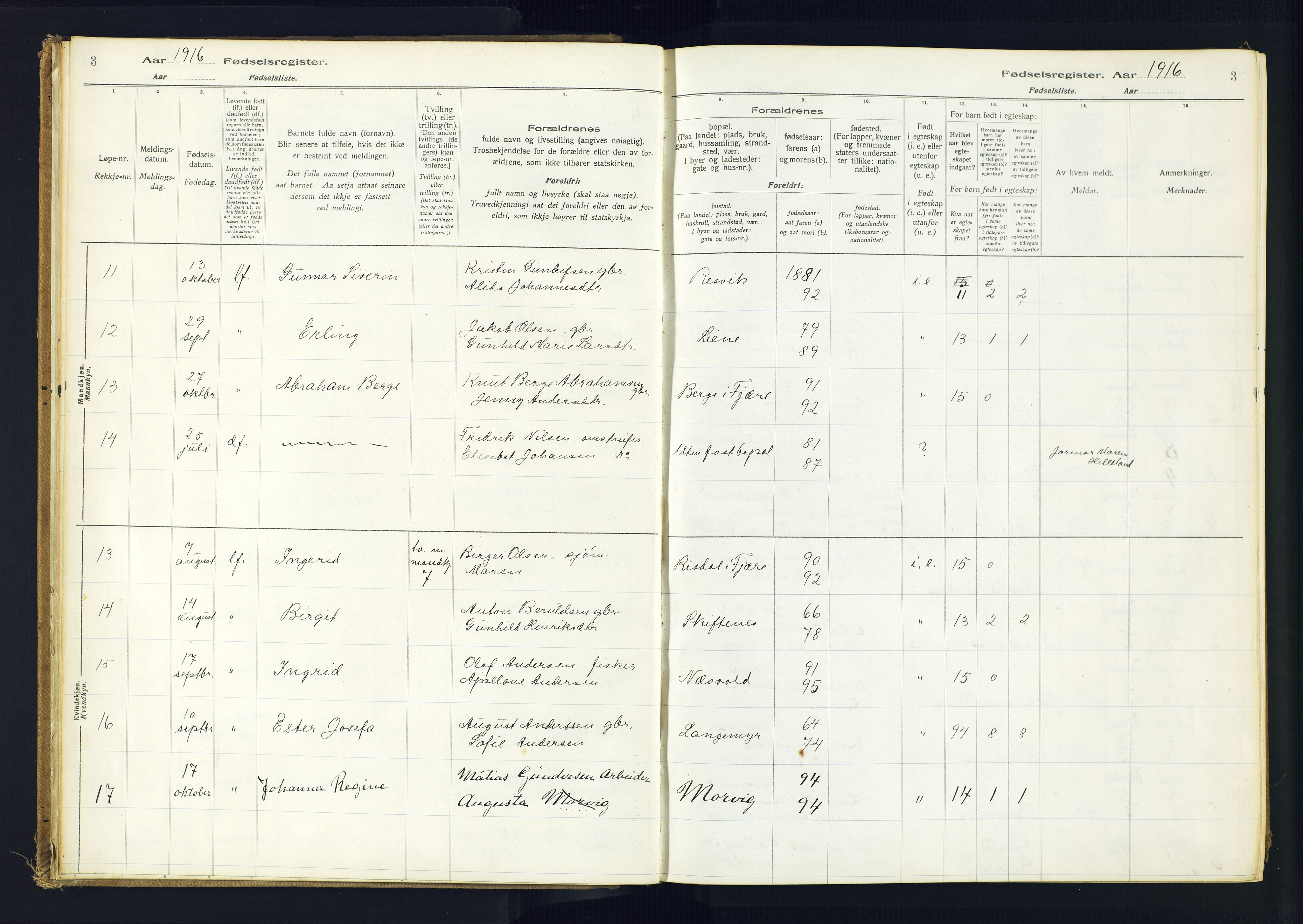 Hommedal sokneprestkontor, SAK/1111-0023/J/Jd/L0001: Birth register no. 1, 1916-1962, p. 3