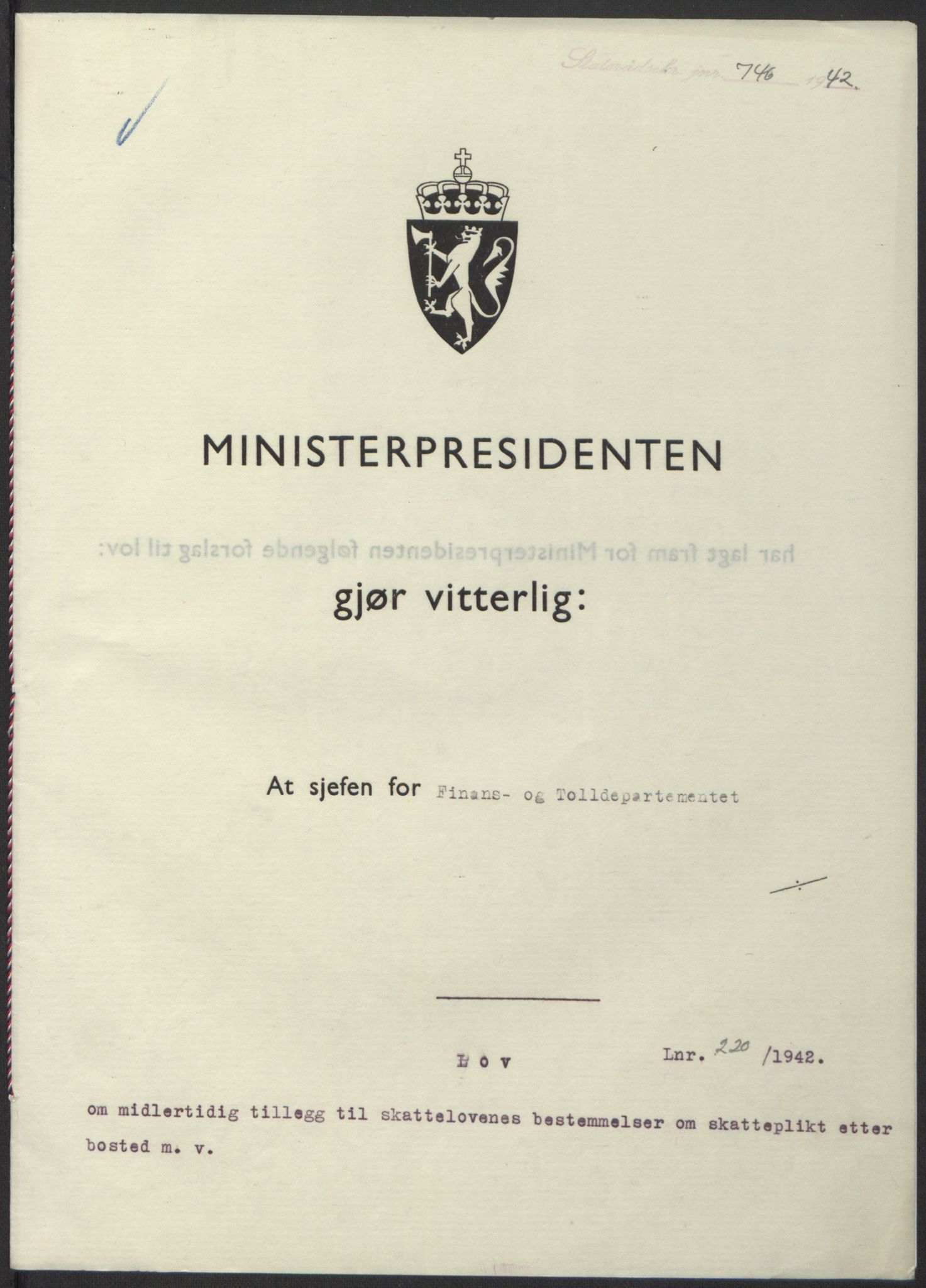 NS-administrasjonen 1940-1945 (Statsrådsekretariatet, de kommisariske statsråder mm), RA/S-4279/D/Db/L0098: Lover II, 1942, p. 516
