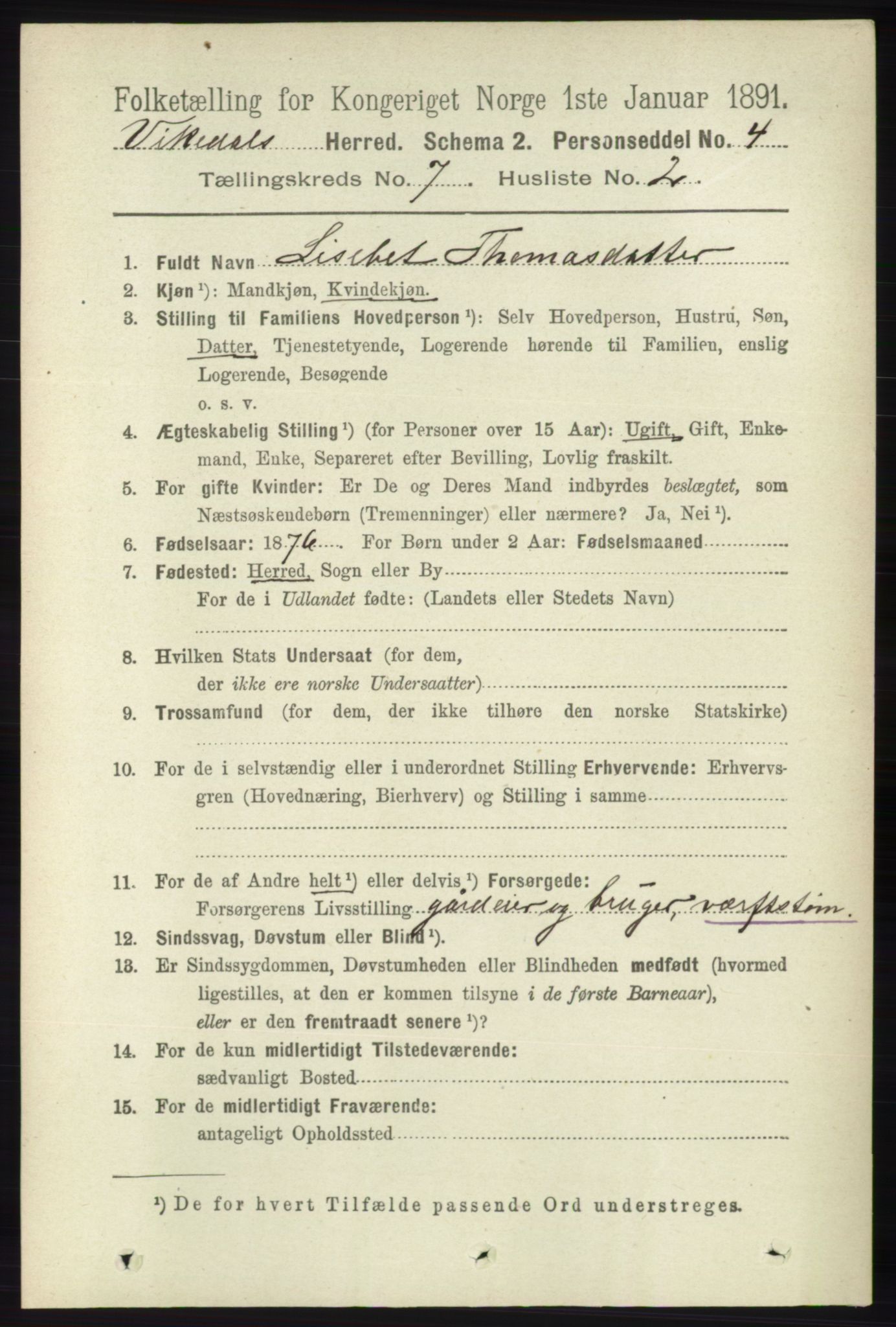 RA, 1891 census for 1157 Vikedal, 1891, p. 2045