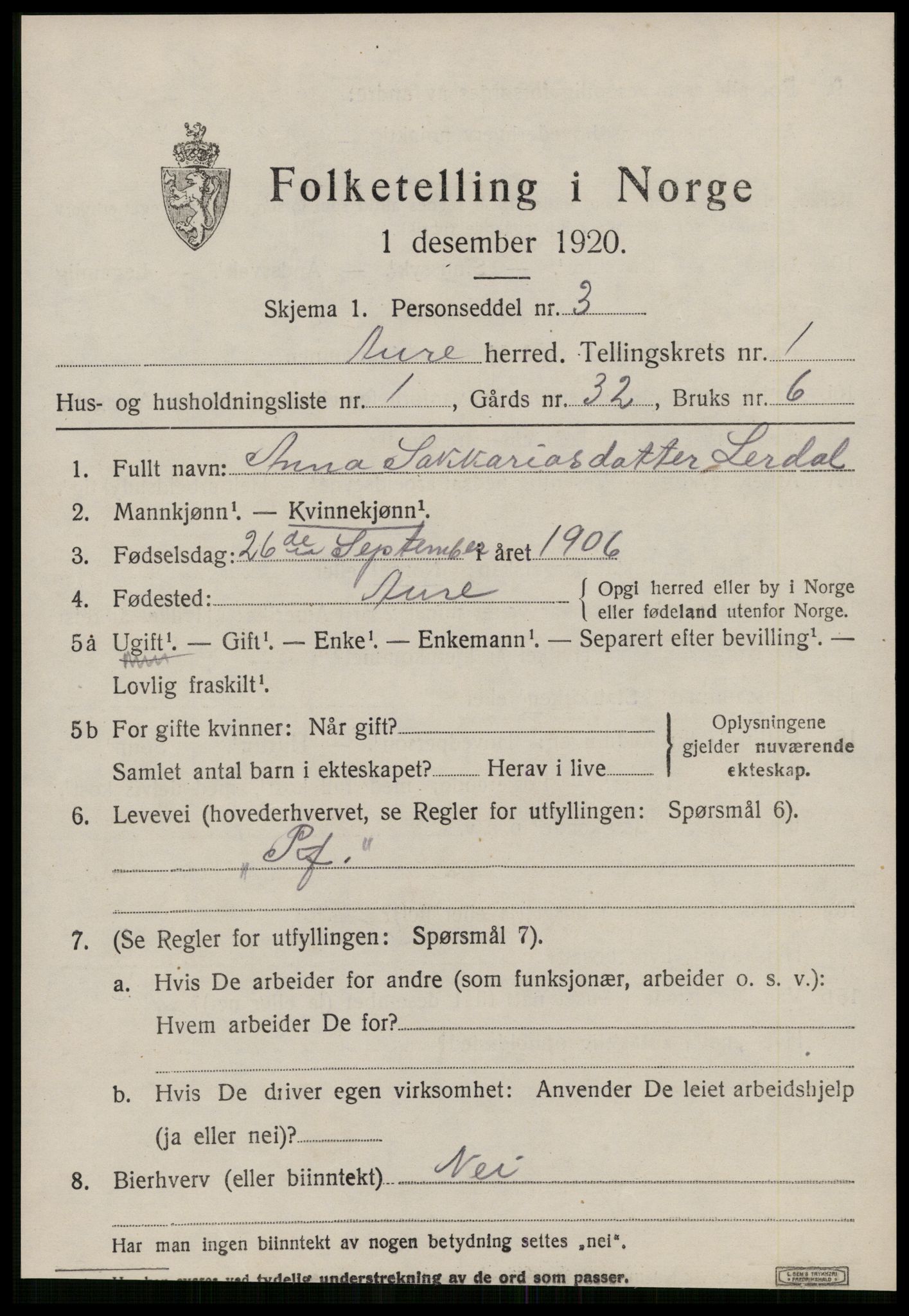 SAT, 1920 census for Aure, 1920, p. 932