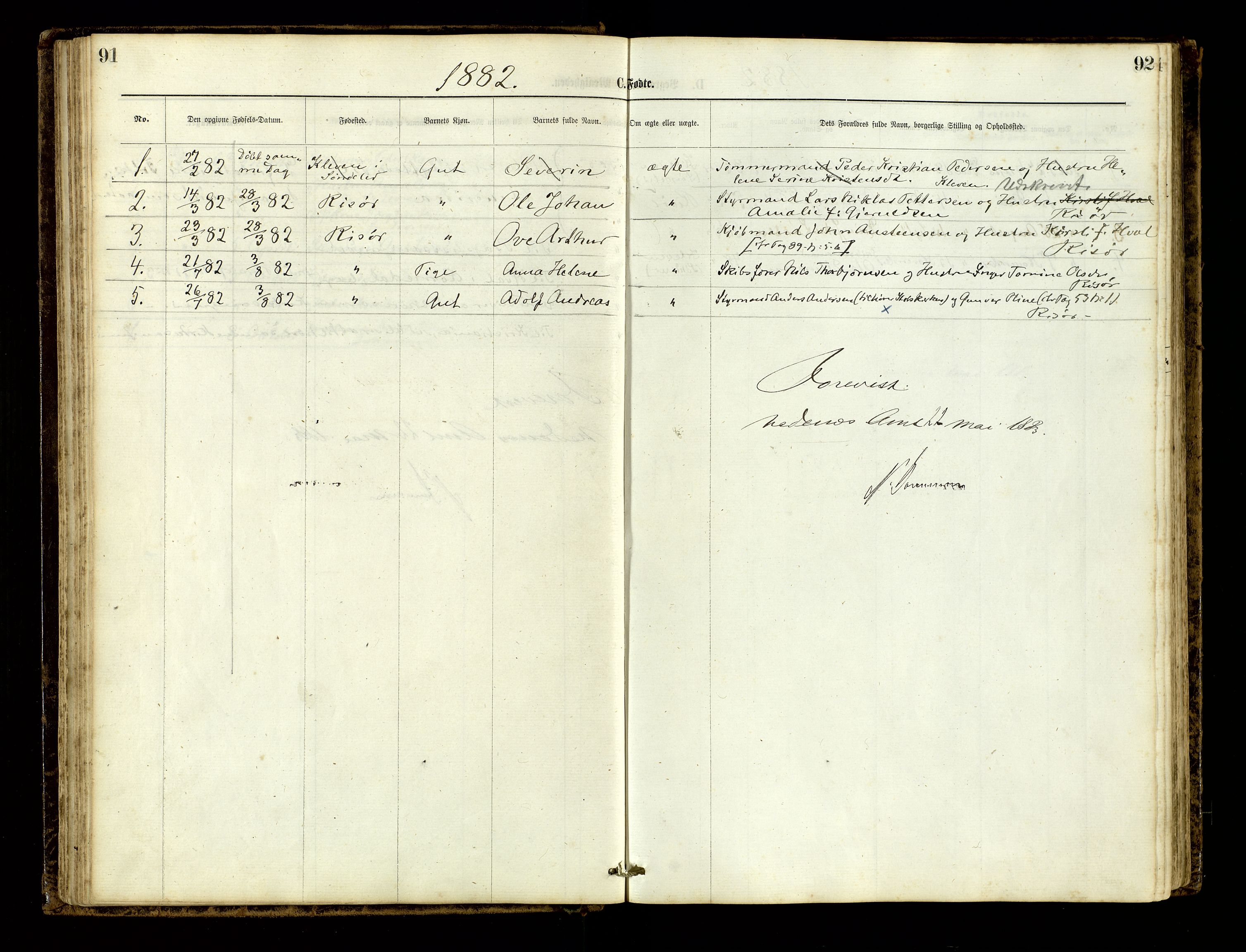 Den evangelisk-lutherske frimenighet, Risør, AV/SAK-1292-0007/F/Fa/L0001: Dissenter register no. F 17, 1877-1892, p. 91-92