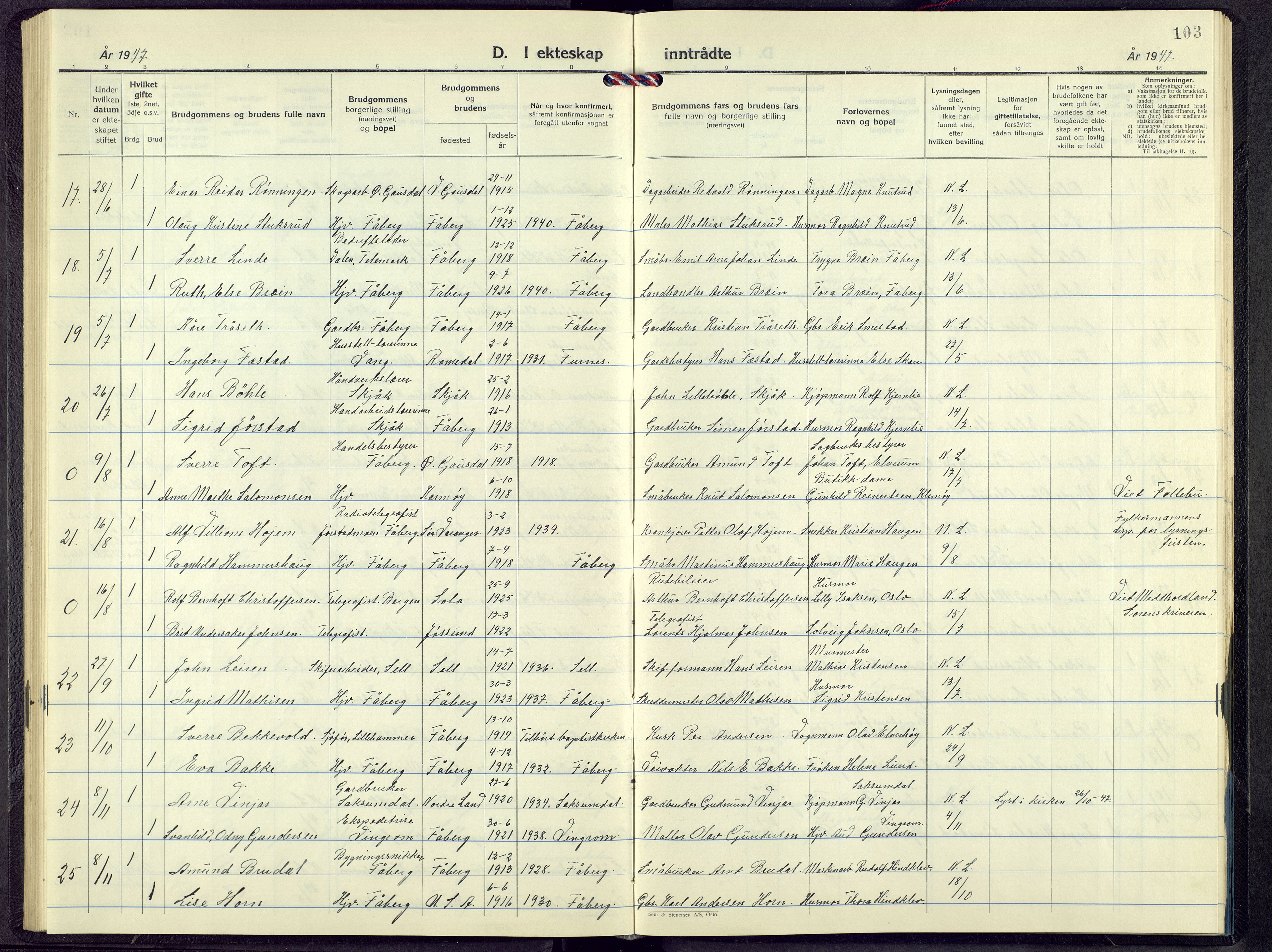 Fåberg prestekontor, AV/SAH-PREST-086/H/Ha/Hab/L0017: Parish register (copy) no. 17, 1946-1970, p. 103