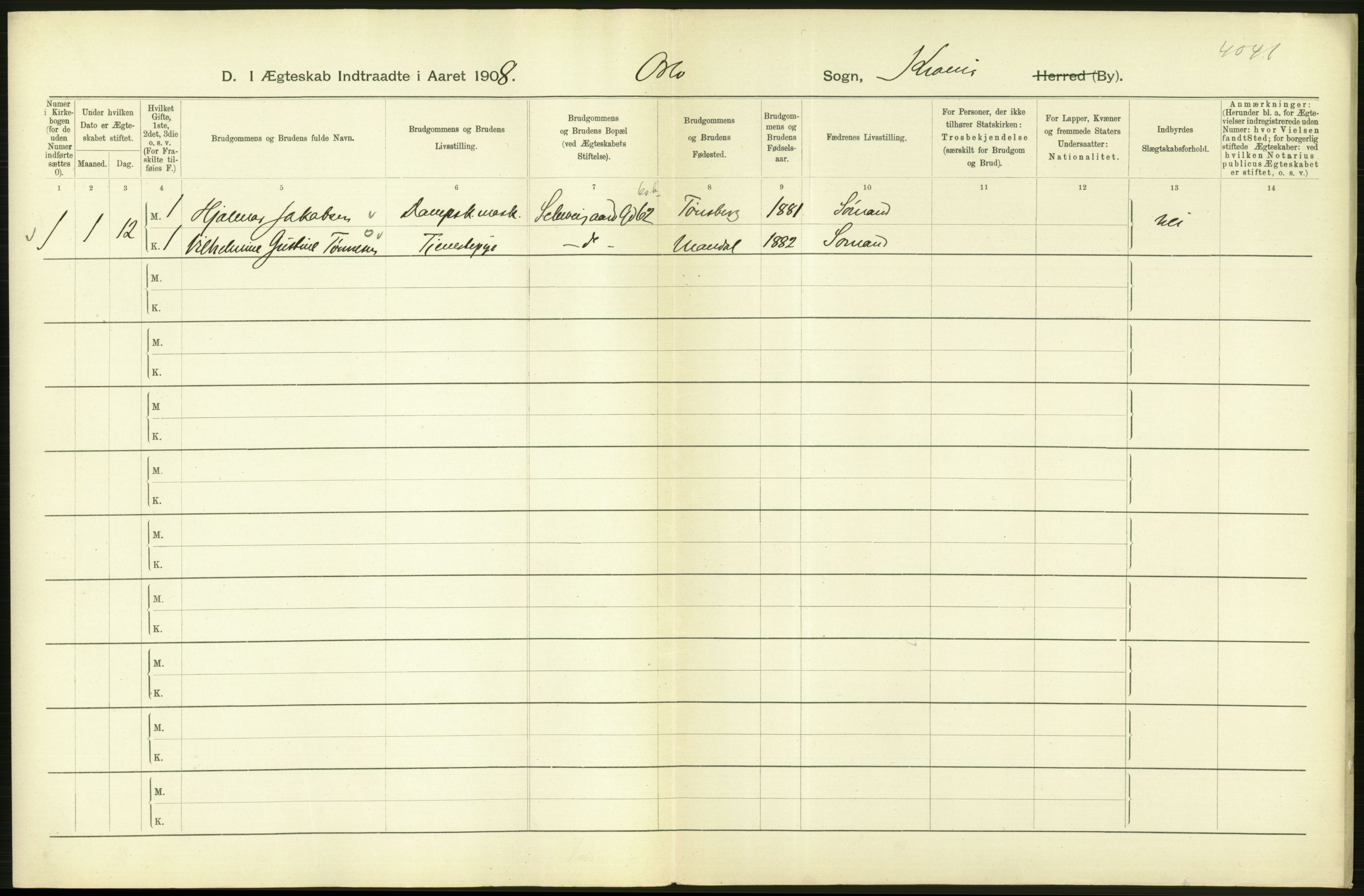 Statistisk sentralbyrå, Sosiodemografiske emner, Befolkning, AV/RA-S-2228/D/Df/Dfa/Dfaf/L0007: Kristiania: Gifte, 1908, p. 222