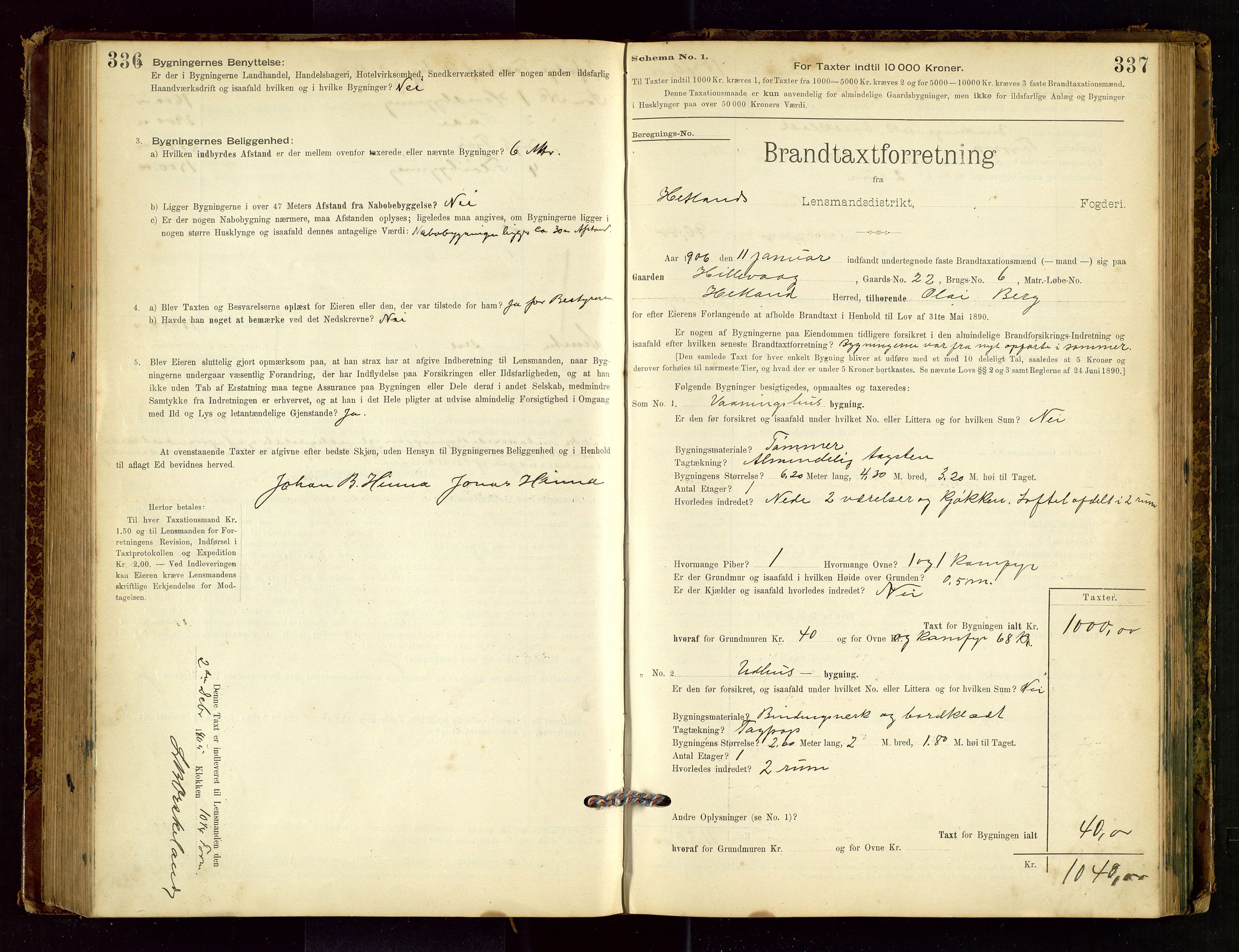 Hetland lensmannskontor, SAST/A-100101/Gob/L0001: "Brandtaxationsprotokol", 1895-1918, p. 336-337