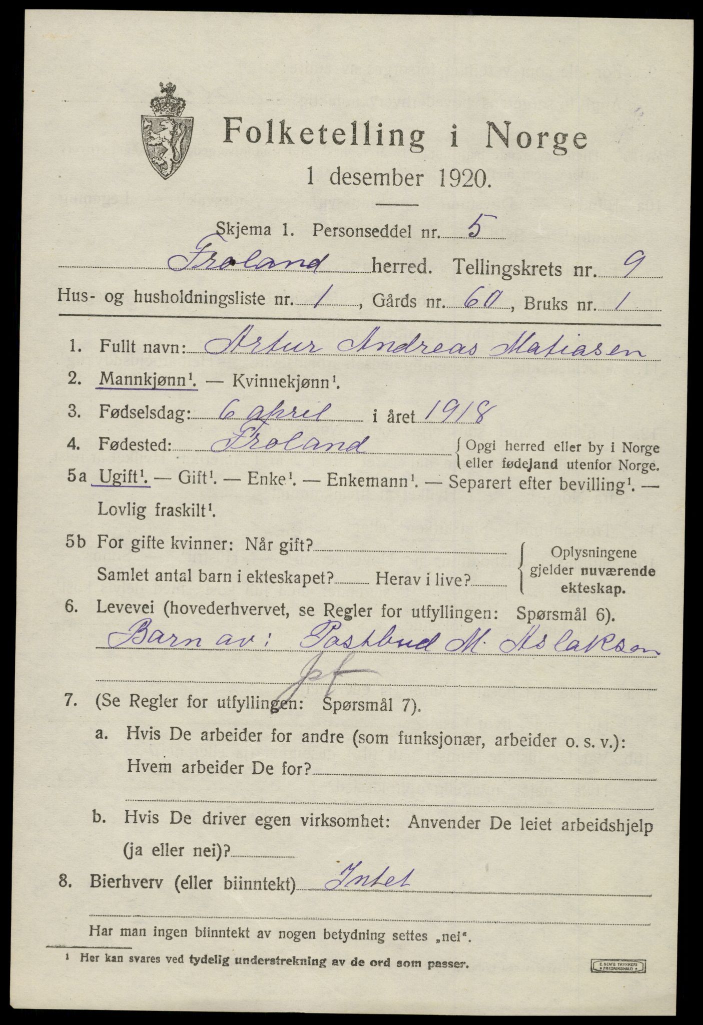 SAK, 1920 census for Froland, 1920, p. 4917