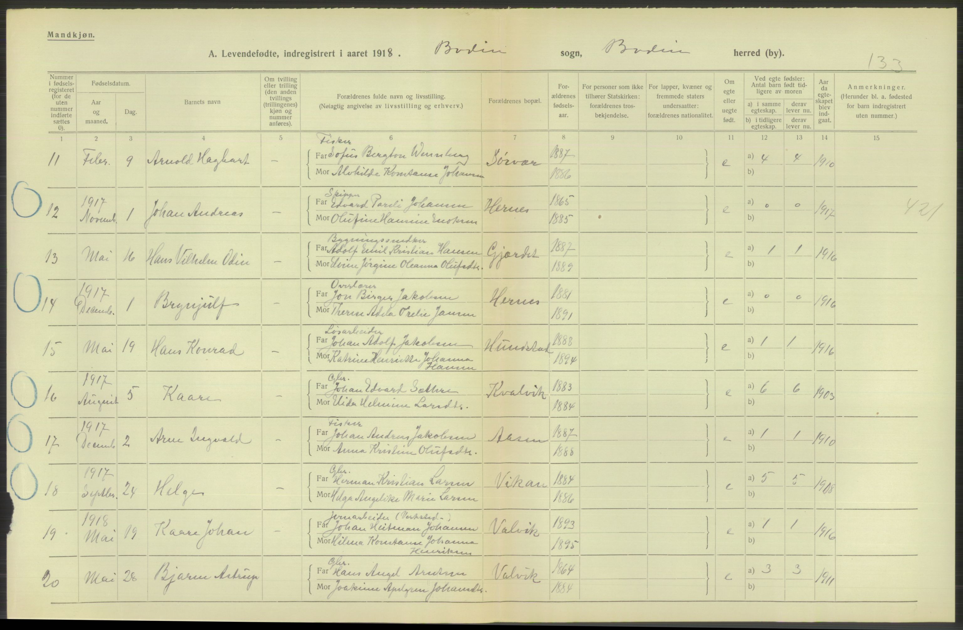 Statistisk sentralbyrå, Sosiodemografiske emner, Befolkning, AV/RA-S-2228/D/Df/Dfb/Dfbh/L0052: Nordland fylke: Levendefødte menn og kvinner. Bygder., 1918, p. 528