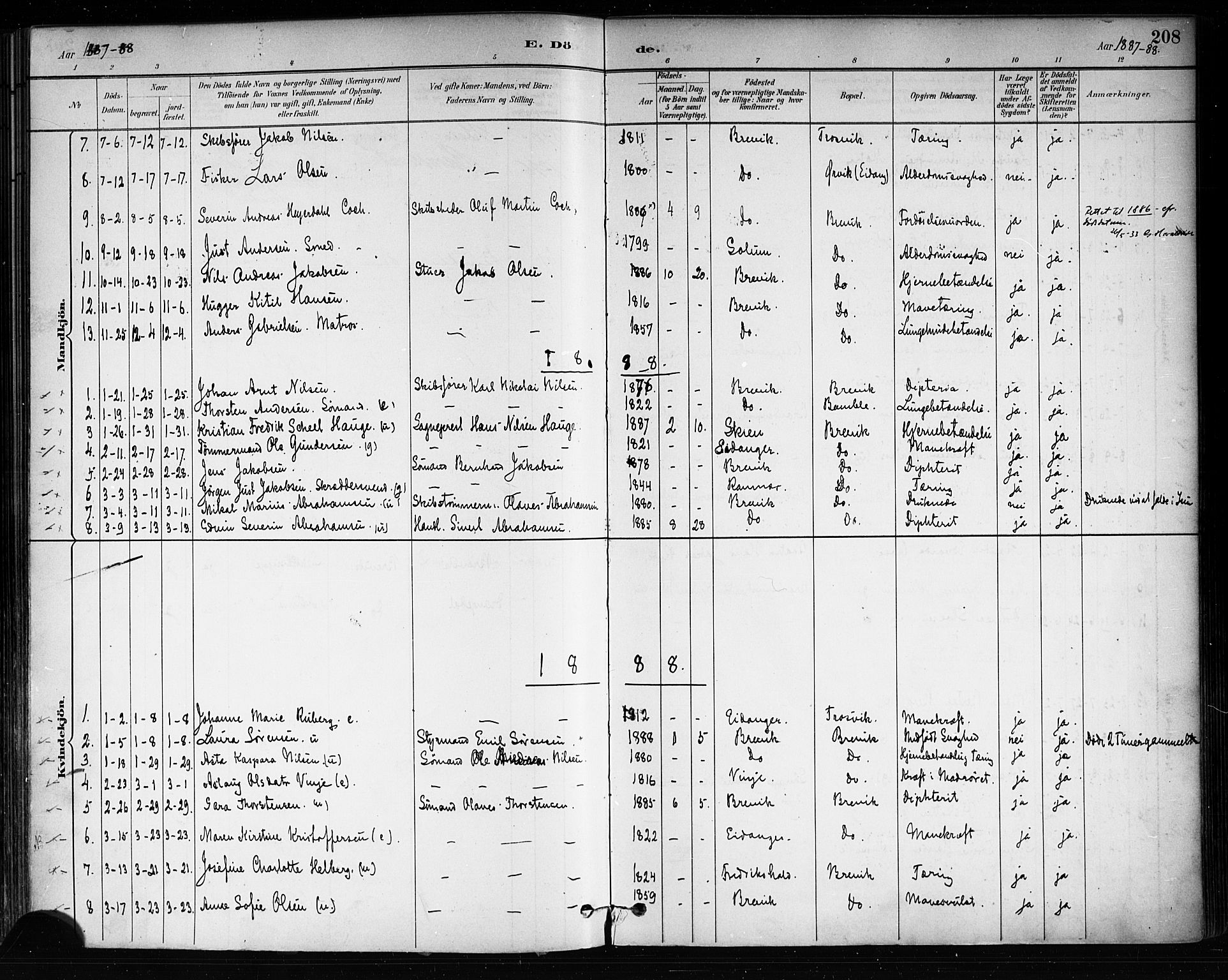 Brevik kirkebøker, SAKO/A-255/F/Fa/L0007: Parish register (official) no. 7, 1882-1900, p. 208