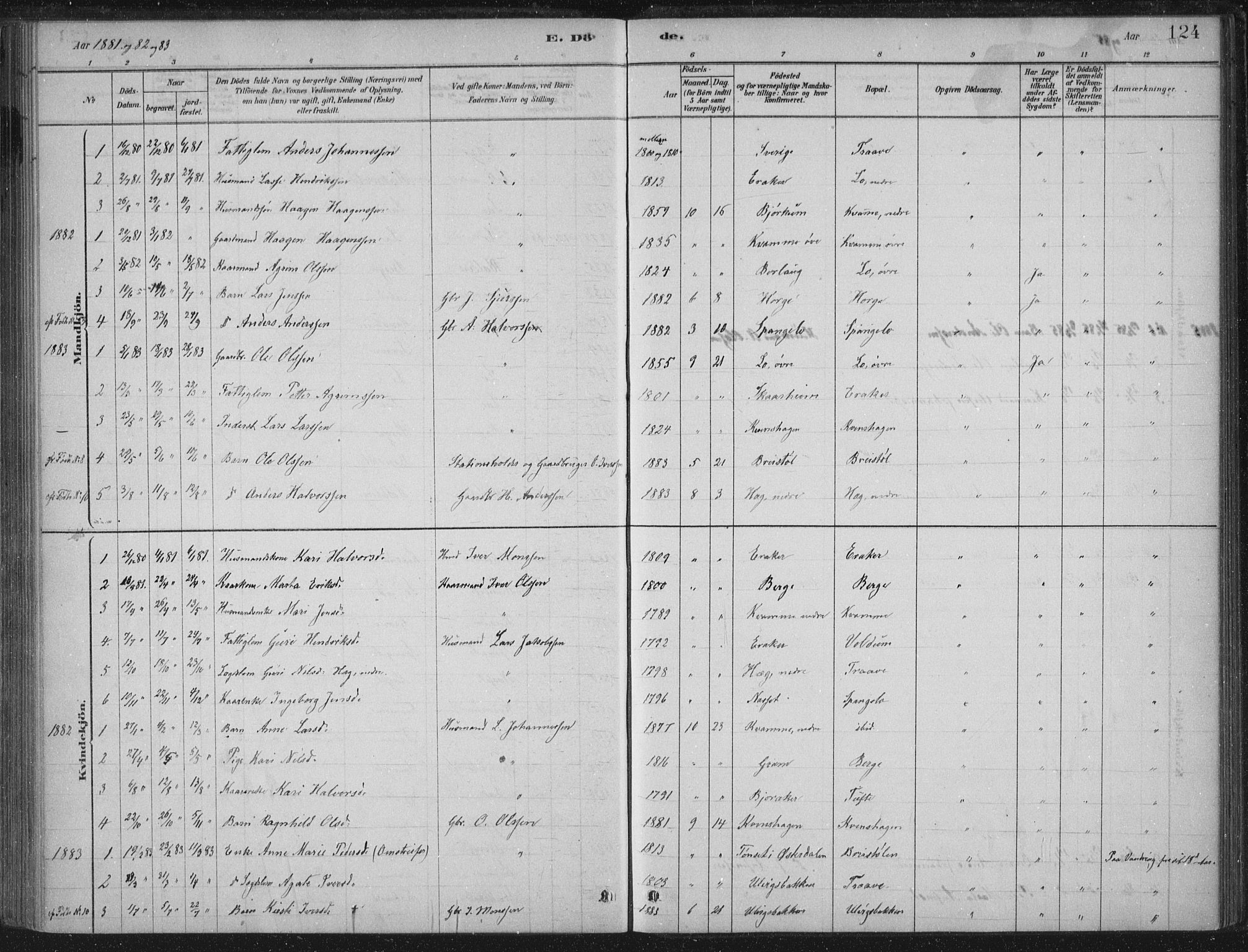 Lærdal sokneprestembete, AV/SAB-A-81201: Parish register (official) no. C  1, 1878-1911, p. 124