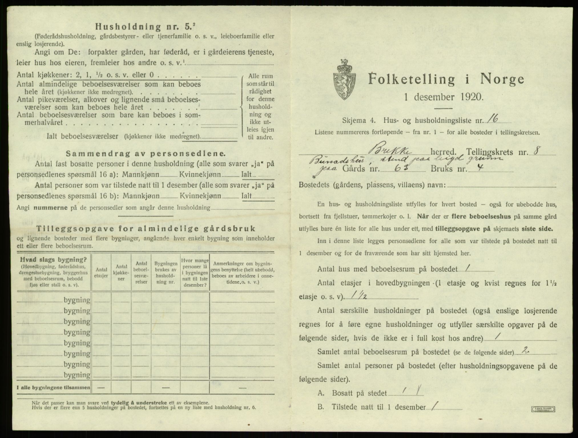 SAB, 1920 census for Brekke, 1920, p. 274