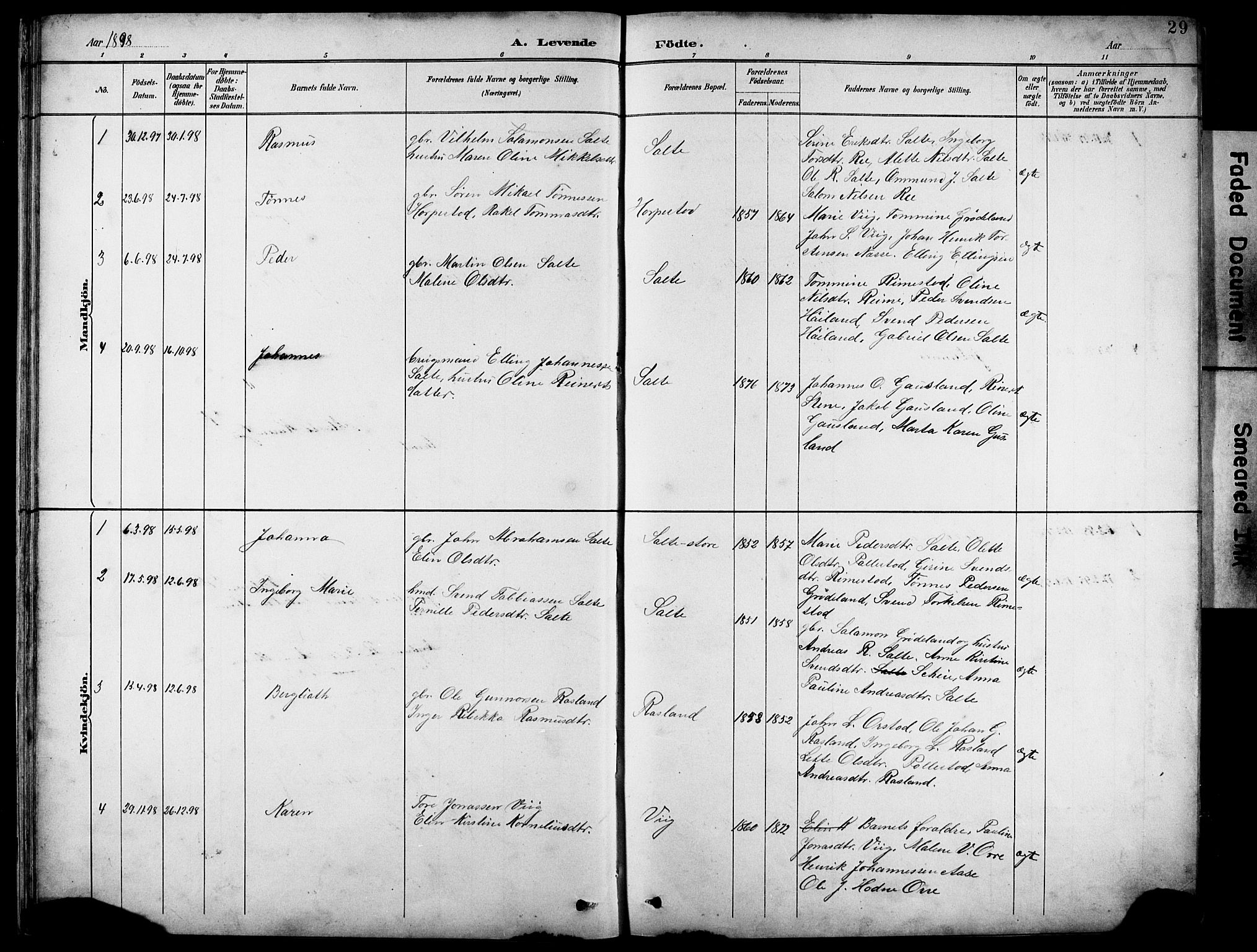 Klepp sokneprestkontor, SAST/A-101803/001/3/30BB/L0005: Parish register (copy) no. B 5, 1889-1918, p. 29