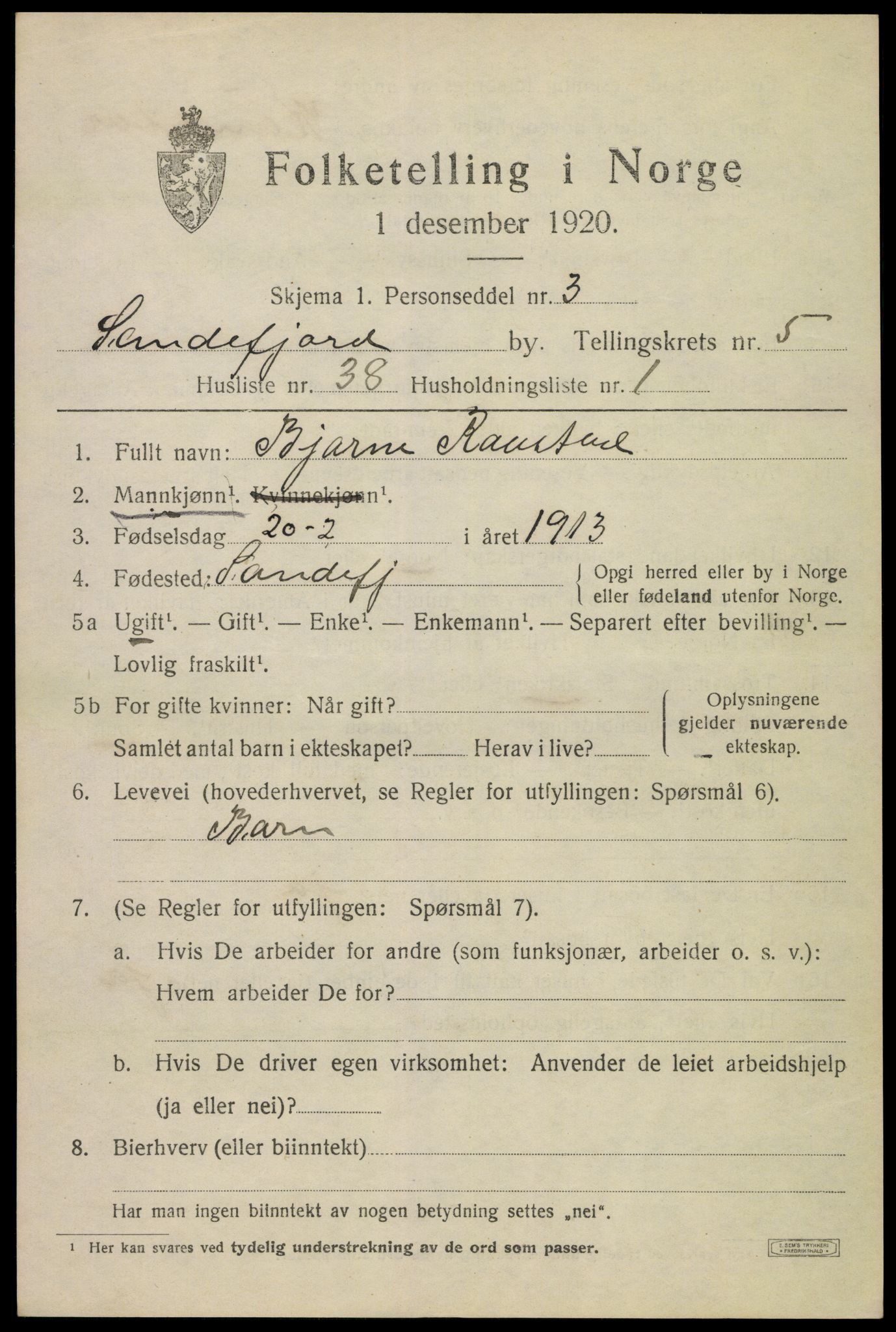 SAKO, 1920 census for Sandefjord, 1920, p. 9166