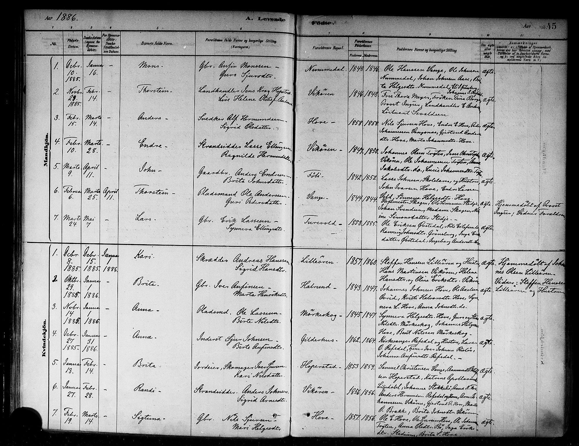 Vik sokneprestembete, SAB/A-81501: Parish register (official) no. B 1, 1878-1890, p. 45