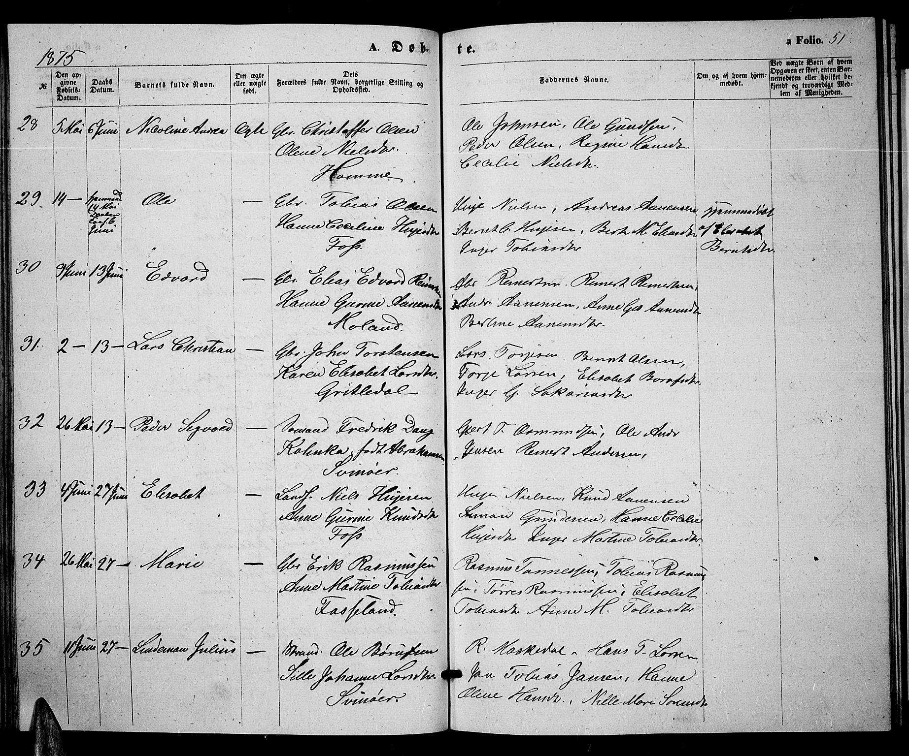 Sør-Audnedal sokneprestkontor, SAK/1111-0039/F/Fb/Fbb/L0004: Parish register (copy) no. B 4, 1868-1879, p. 51