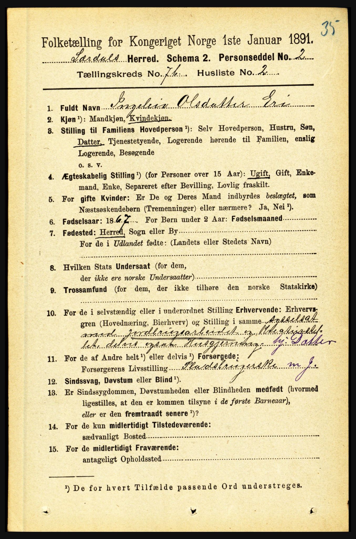 RA, 1891 census for 1422 Lærdal, 1891, p. 1149