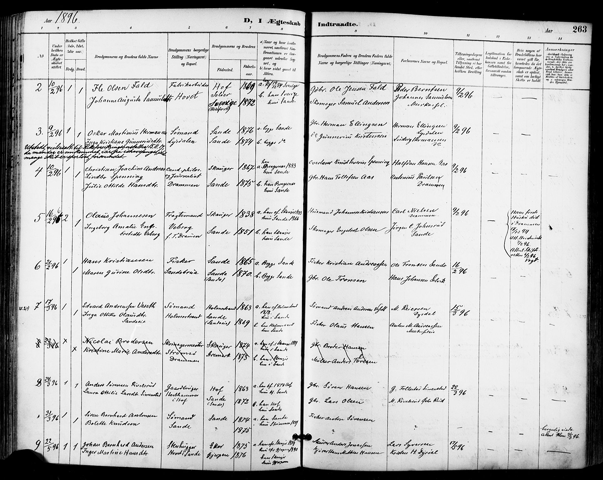 Sande Kirkebøker, AV/SAKO-A-53/F/Fa/L0007: Parish register (official) no. 7, 1888-1903, p. 263