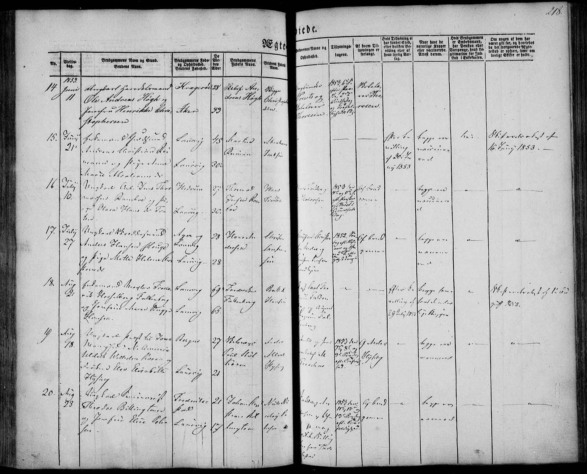 Larvik kirkebøker, AV/SAKO-A-352/F/Fa/L0003: Parish register (official) no. I 3, 1848-1856, p. 218