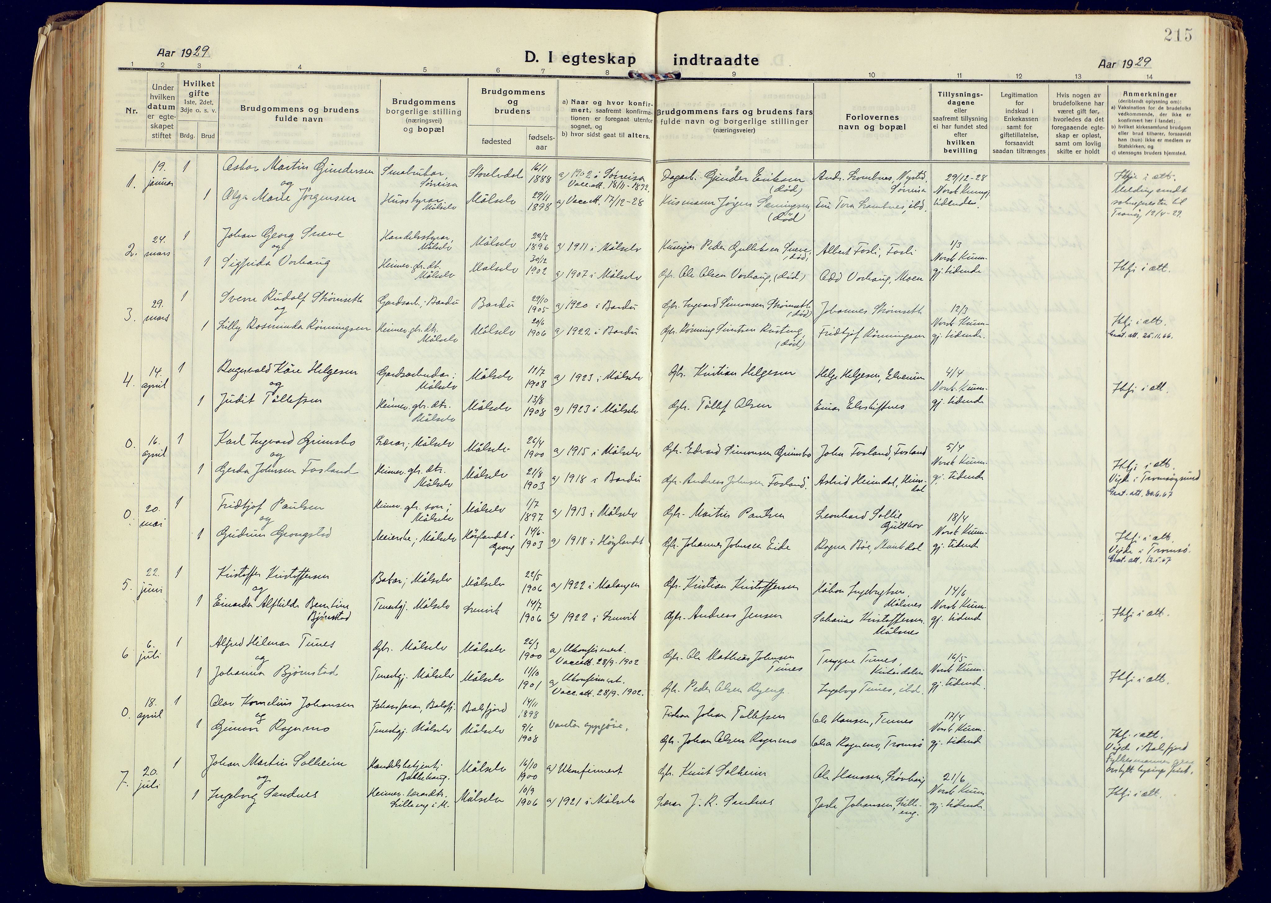 Målselv sokneprestembete, SATØ/S-1311/G/Ga/Gaa/L0014kirke: Parish register (official) no. 14, 1919-1932, p. 215